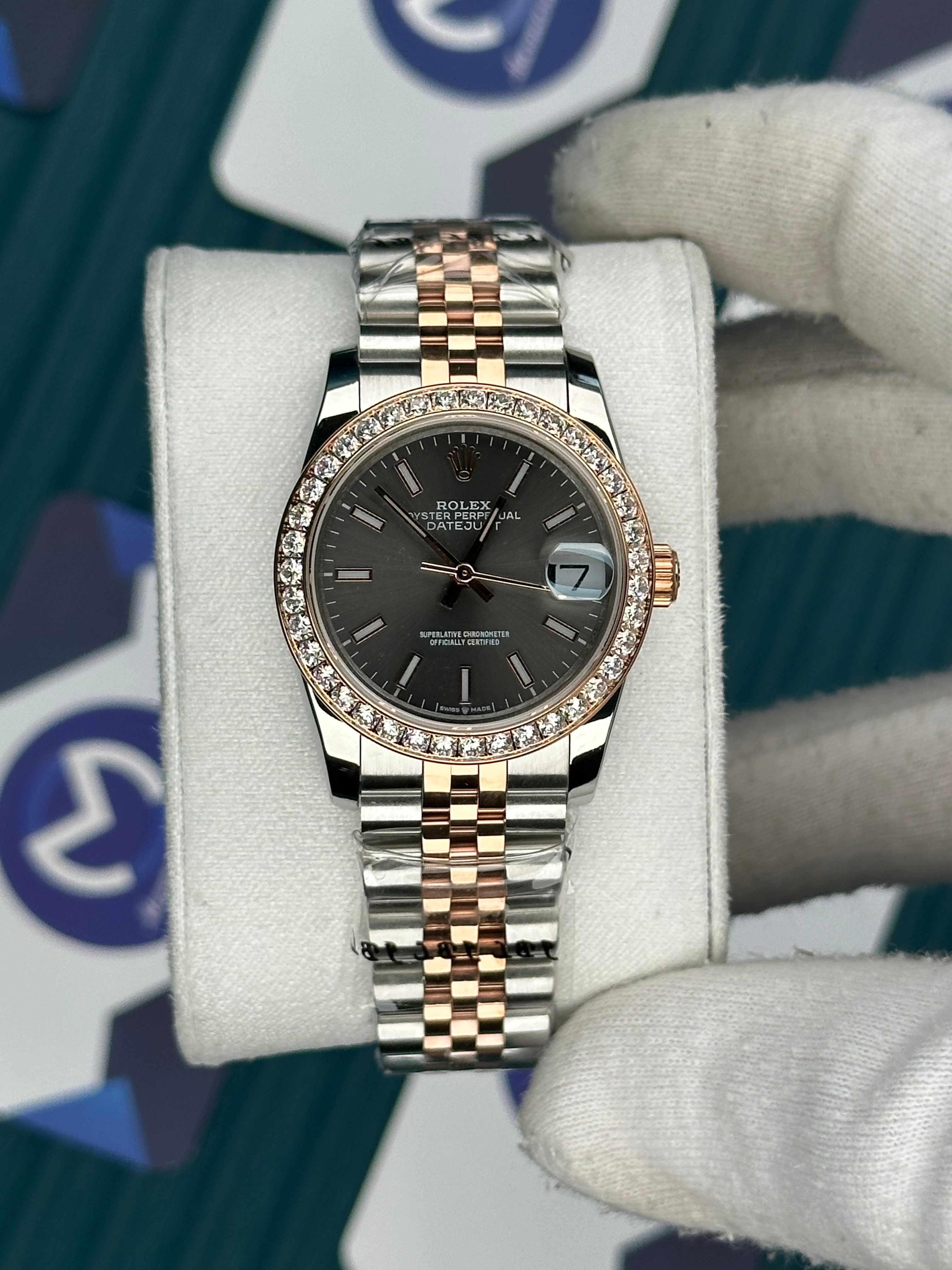 ROLEX 31 GREY DIAL DIAMOND BEZEL ROSE-SILVER JUBILEE