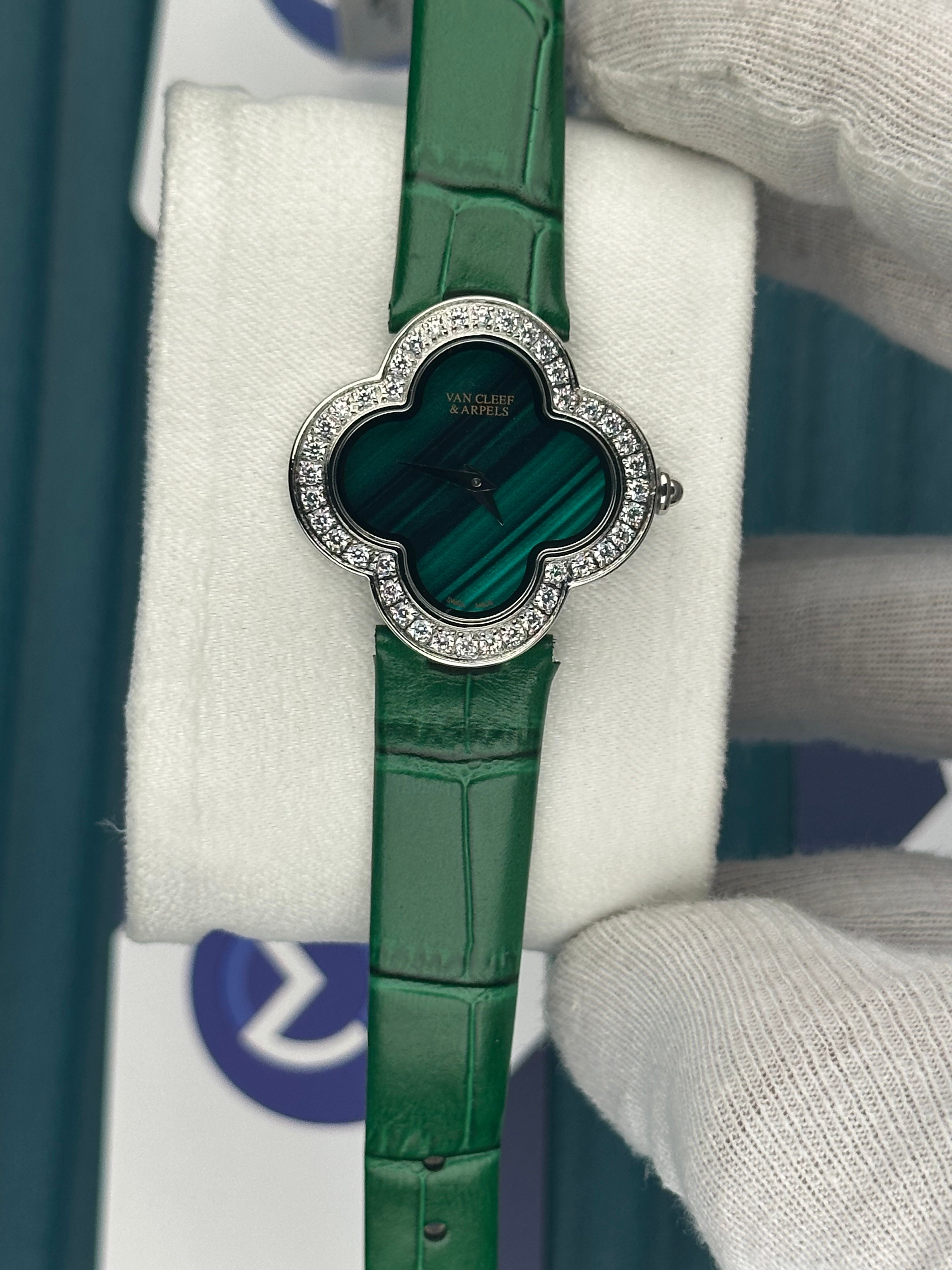 VAN CLEEF & ARPELS LINE GREEN DIAL DIAMOND BEZEL SILVER CASE GREEN LEATHER CORD