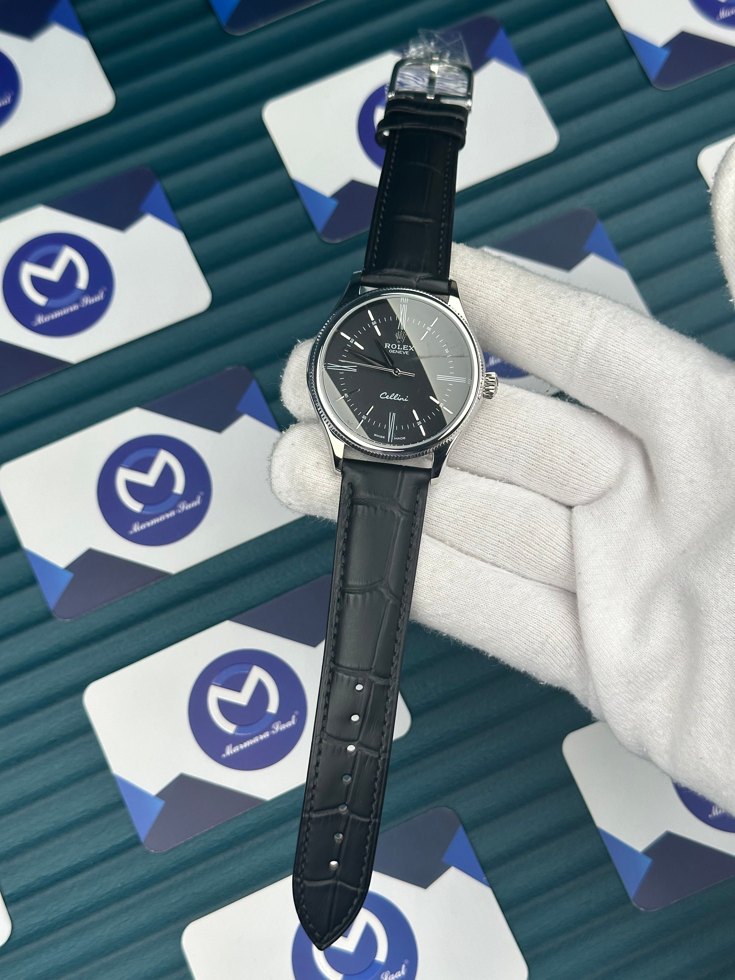 Rolex Cellini Gümüş Kasa Siyah Deri Kordon