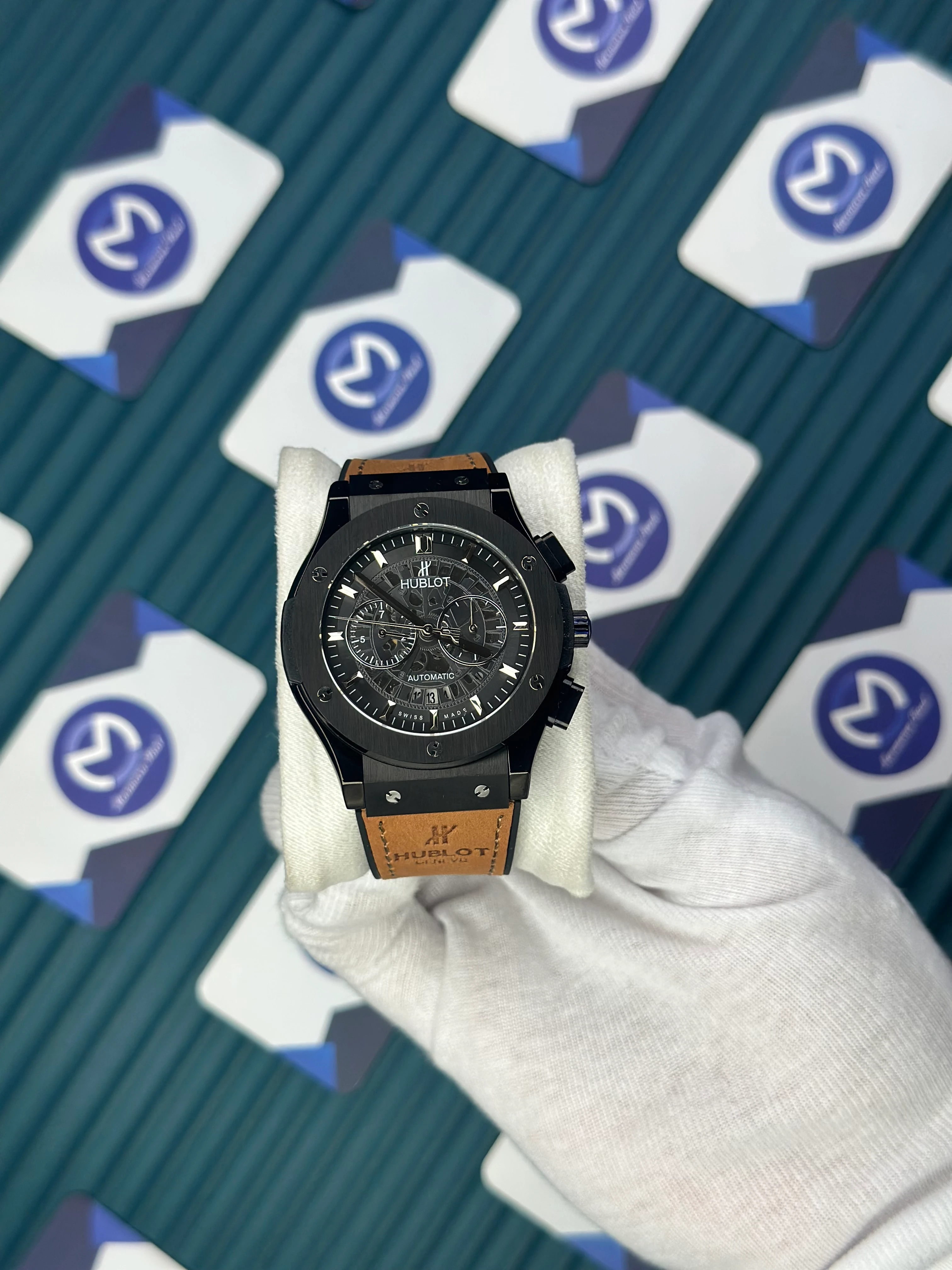 HUBLOT AUTOMATIC CLASSIC FUSHION VENDOME BLACK CASE SKELETON DIAL BROWN LEATHER CORD 