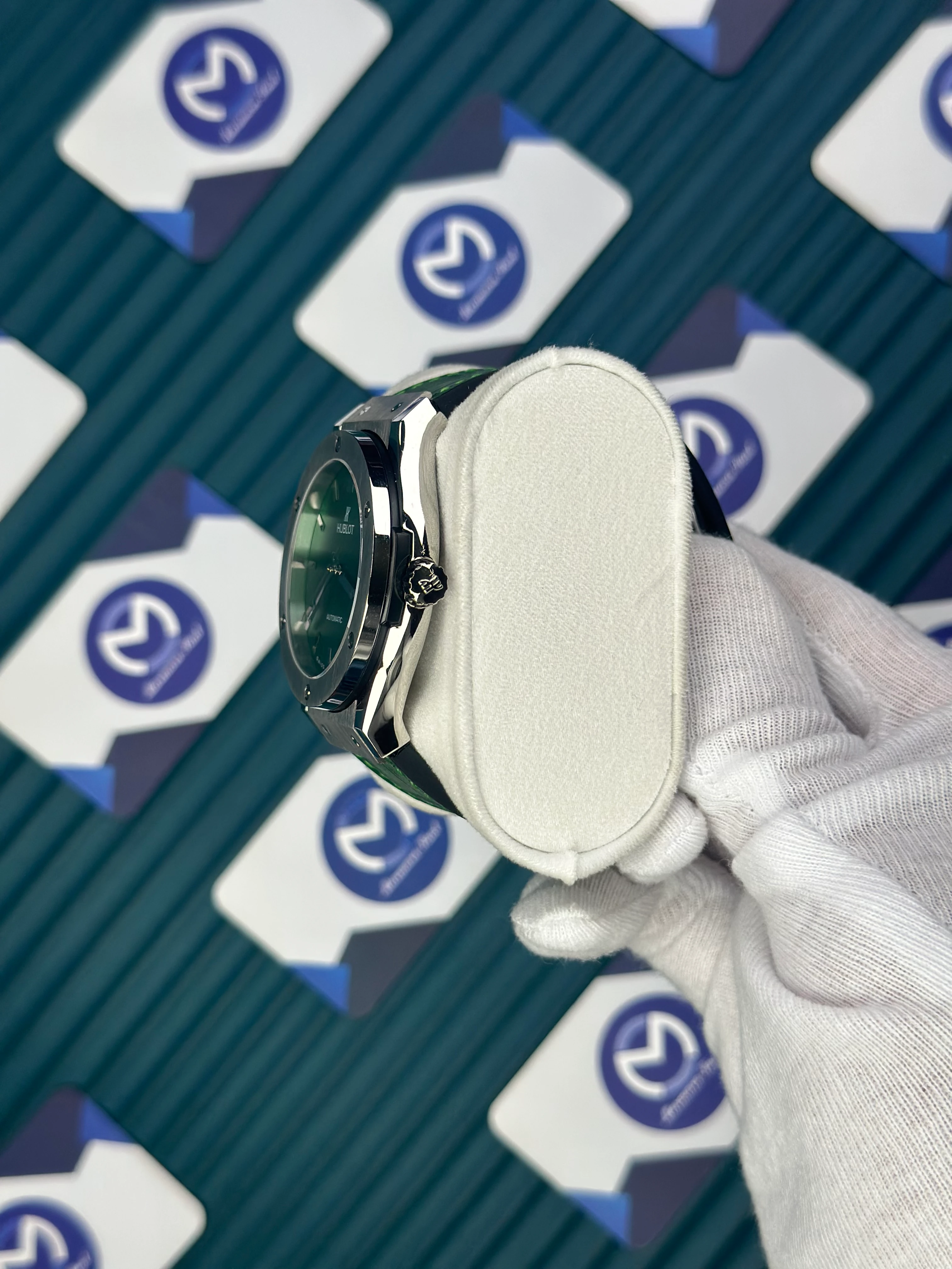 HUBLOT GENEVE AUTOMATIC GREEN DIAL GREY CASE GREEN LEATHER CORD 