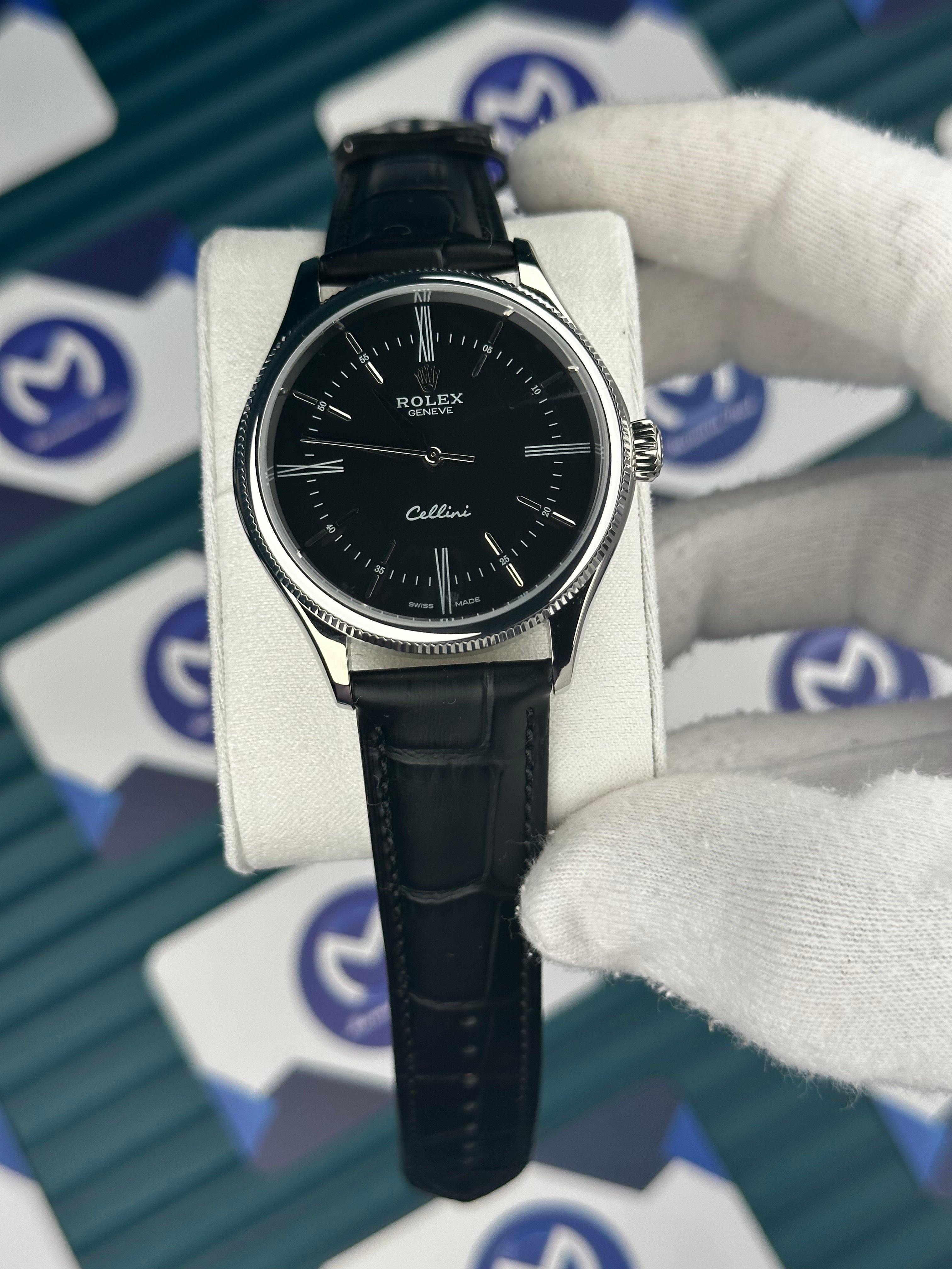 Rolex Cellini Gümüş Kasa Siyah Deri Kordon