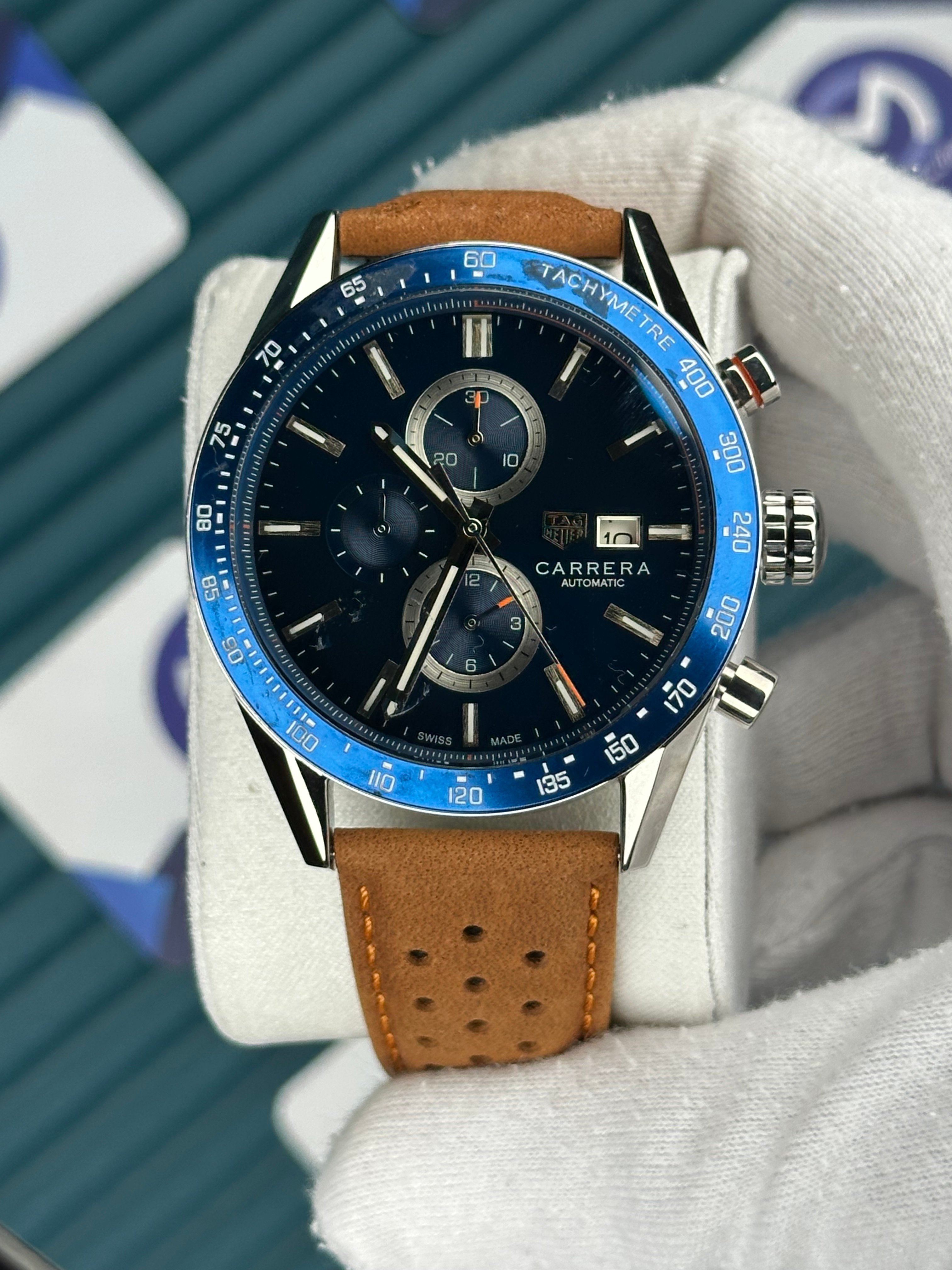 Tagheuer Carrera Mavi Kadran Kahverengi Deri Kordon