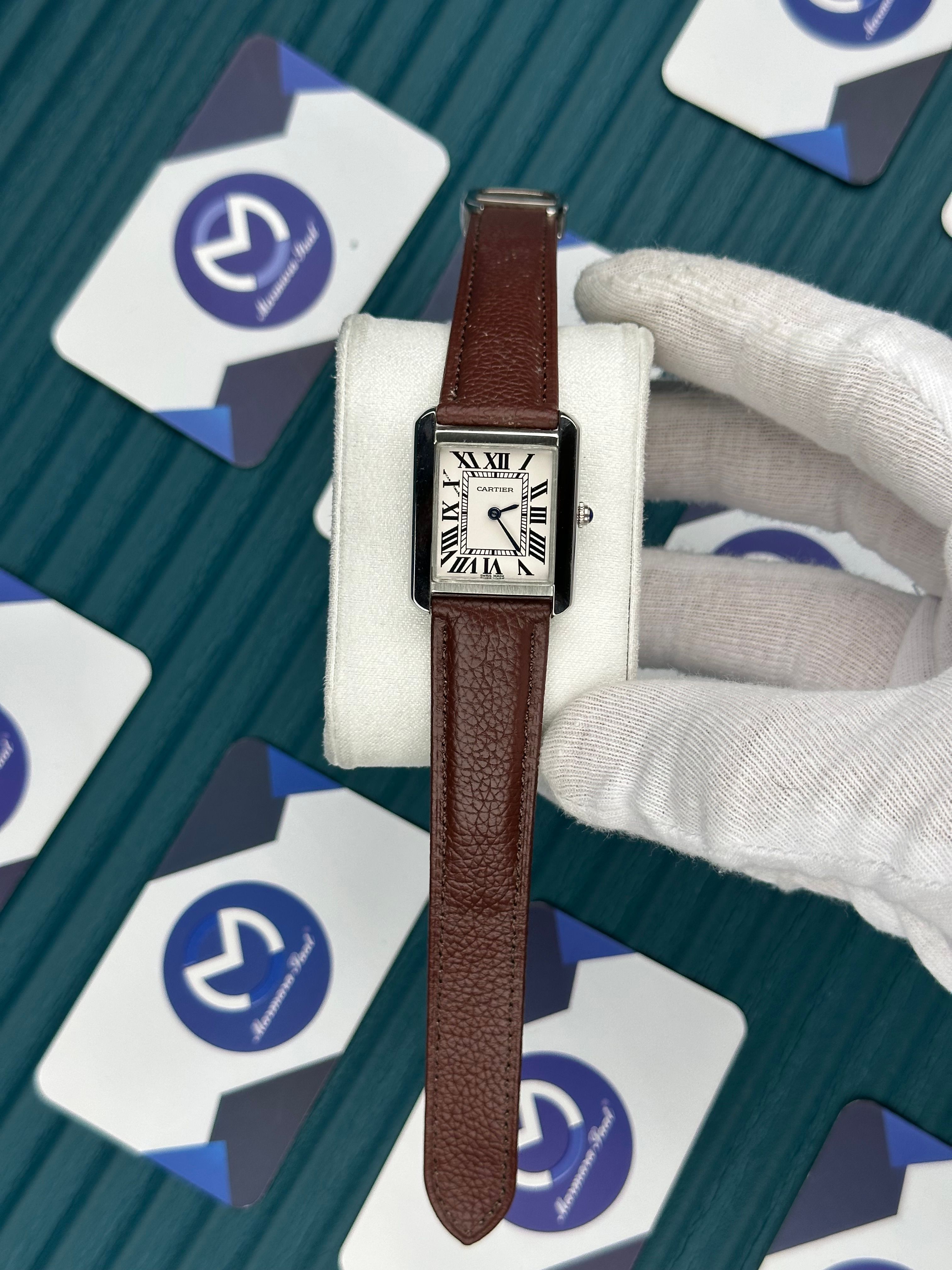 CARTIER WOMAN TANK WHITE DIAL SILVER CASE BROWN LEATHER