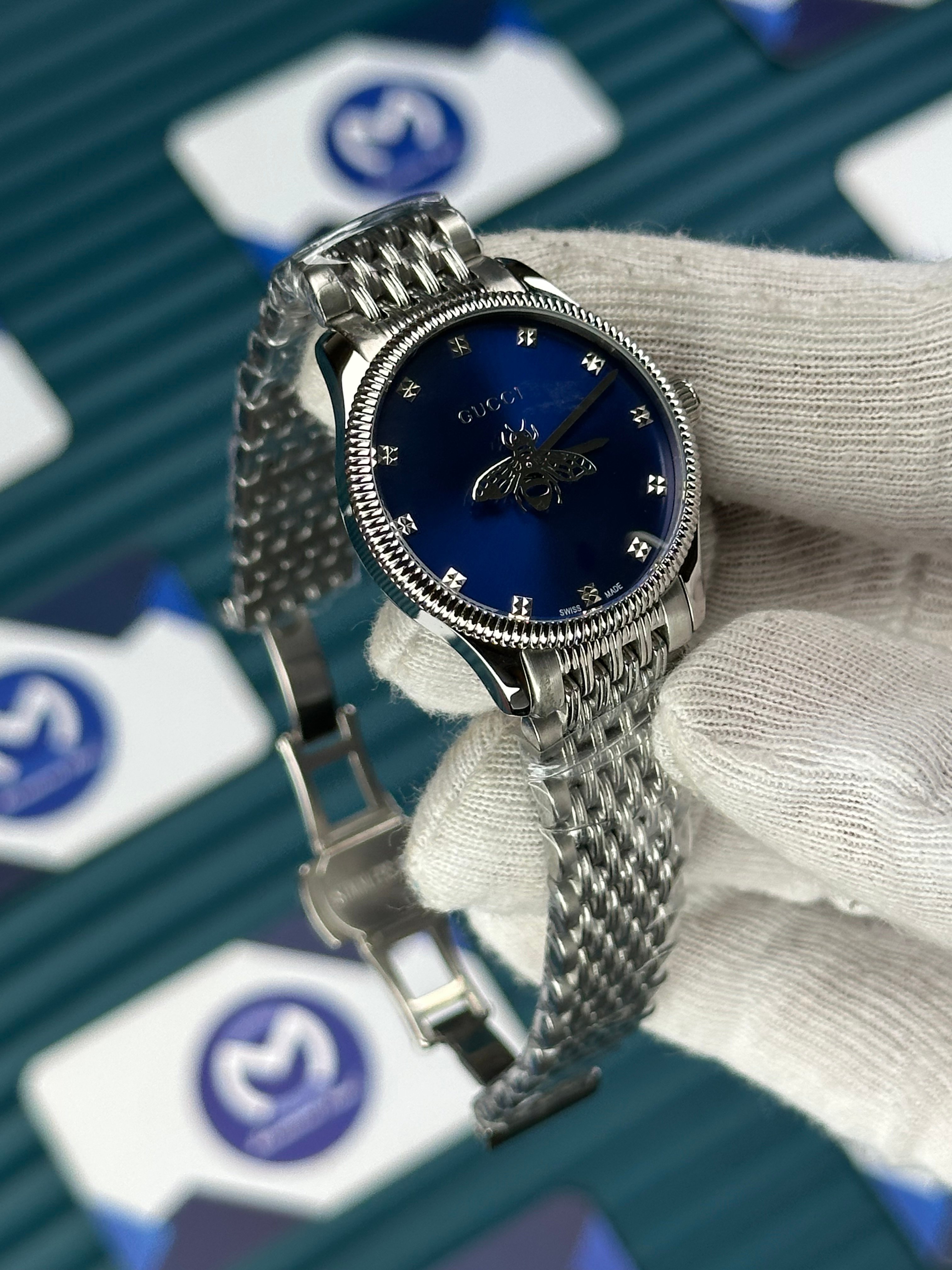 GUCCI BLUE DIAL SPINNING BUTTERFLY SILVER
