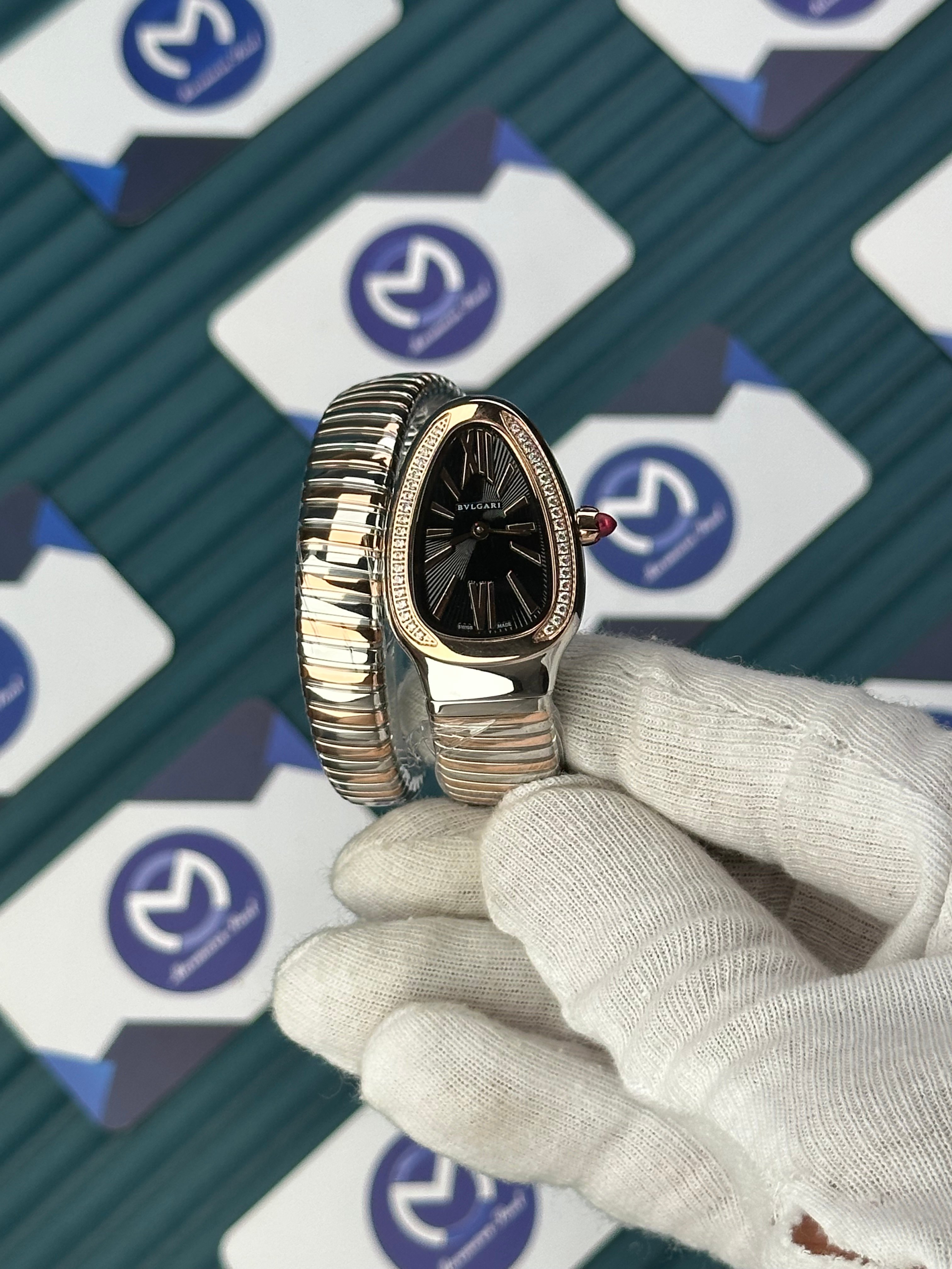 BVLGARI SERPENTI BLACK DIAL DIAMOND BEZEL ROSE-SILVER SHORT TUBOGAS