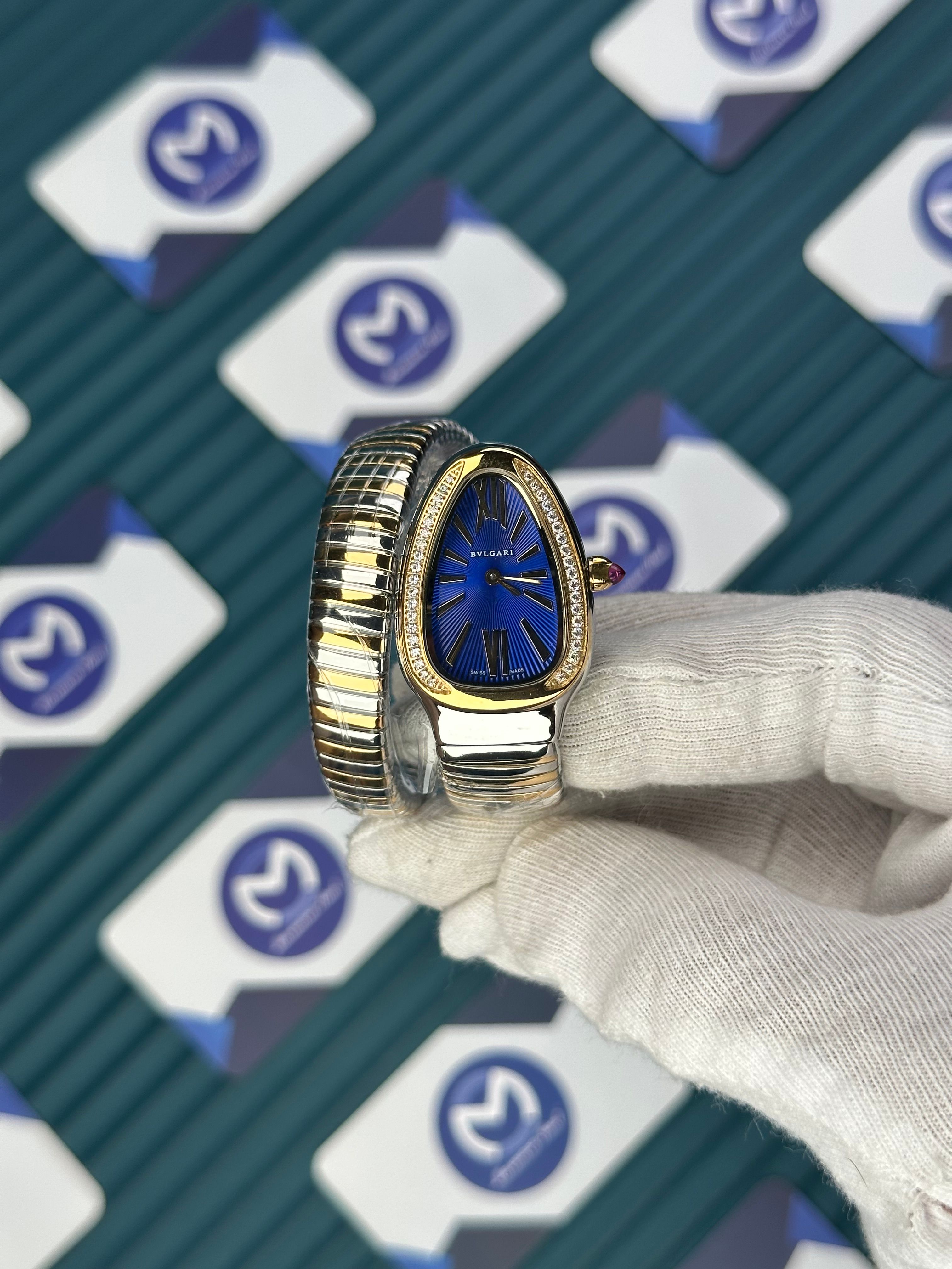 BVLGARI SERPENTI BLUE DIAL DIAMOND BEZEL GOLD-SILVER SHORT TUBOGAS