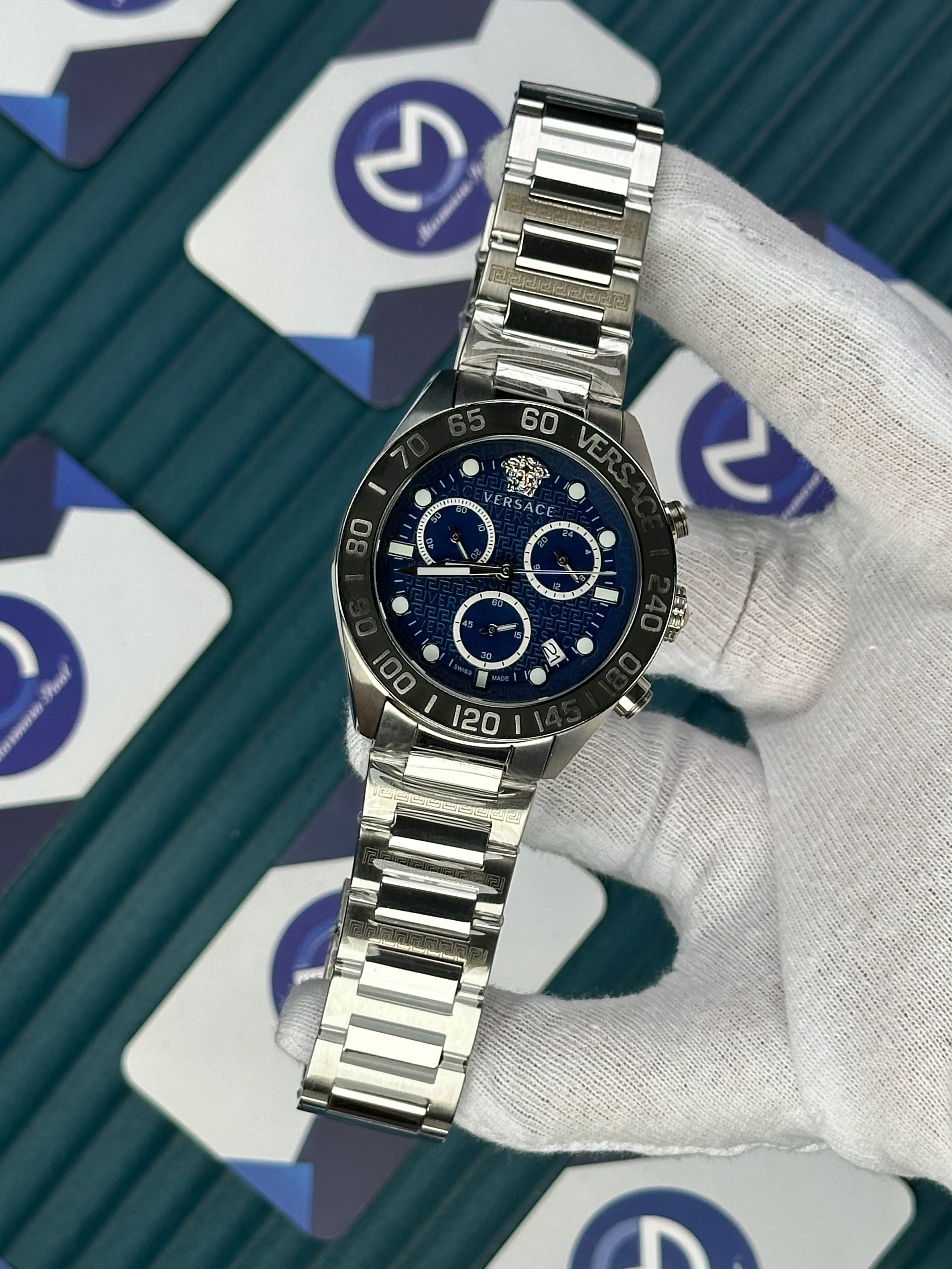 VERSACE BLUE DIAL CHRONOMOMETER NEW SEASON SILVER 