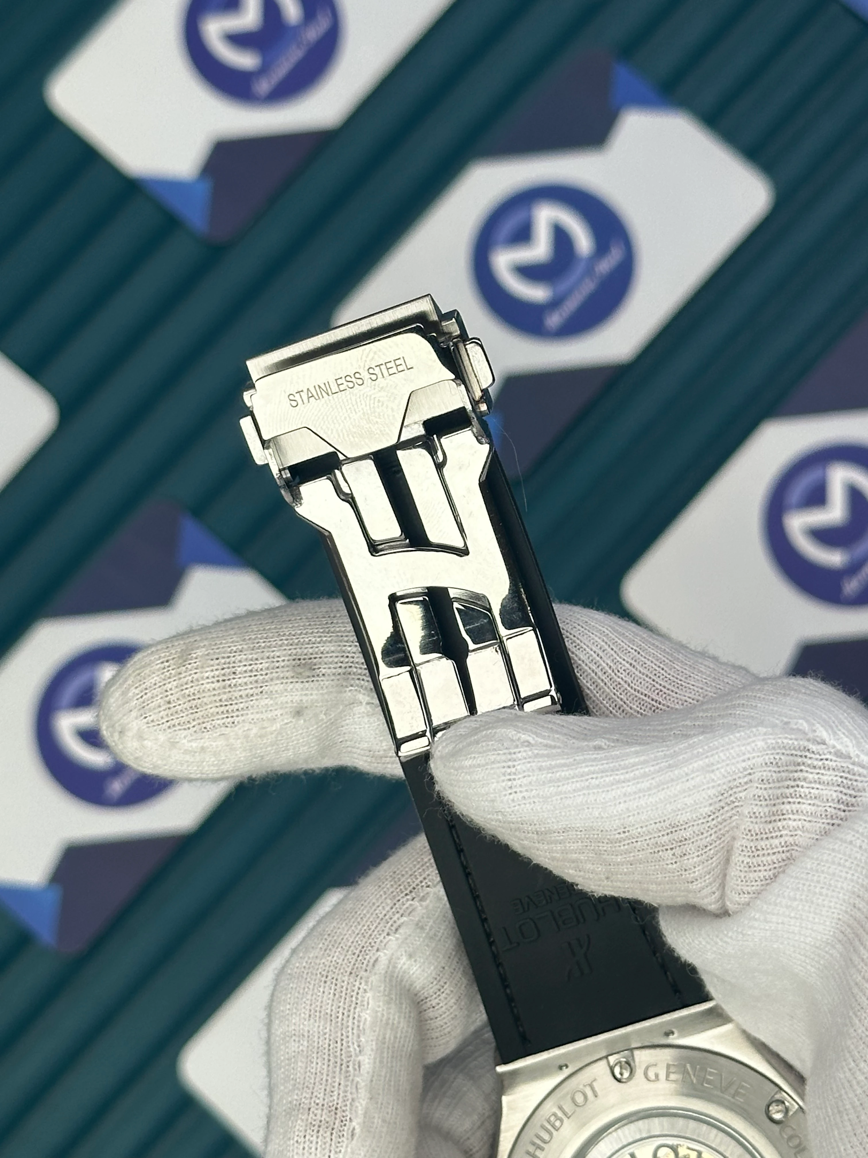 HUBLOT GENEVE AUTOMATIC NAVY GREY DIAL AND CASE GREY LEATHER CORD 