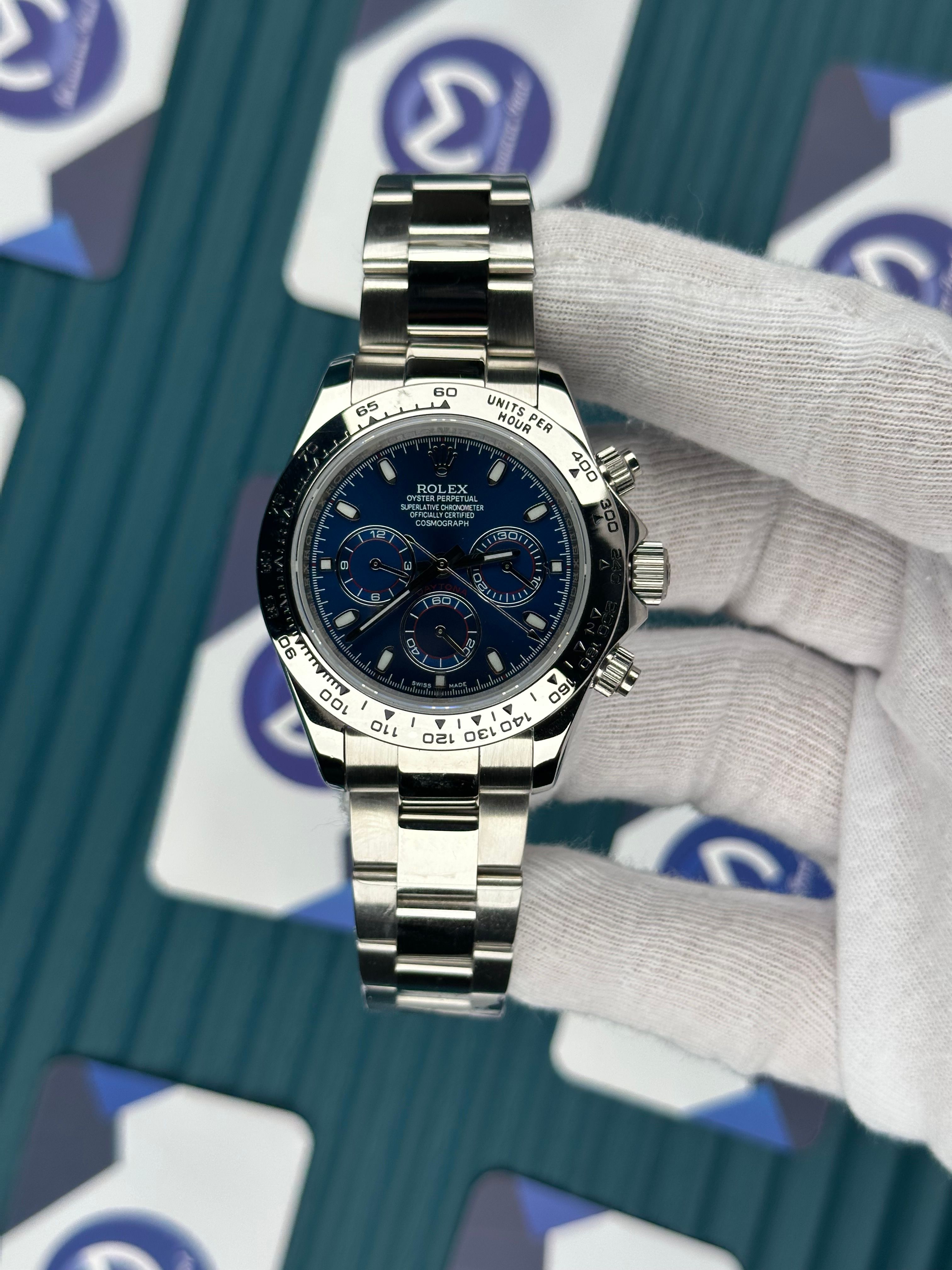 ROLEX DAYTONA BLUE DIAL SILVER BEZEL SILVER OYSTER