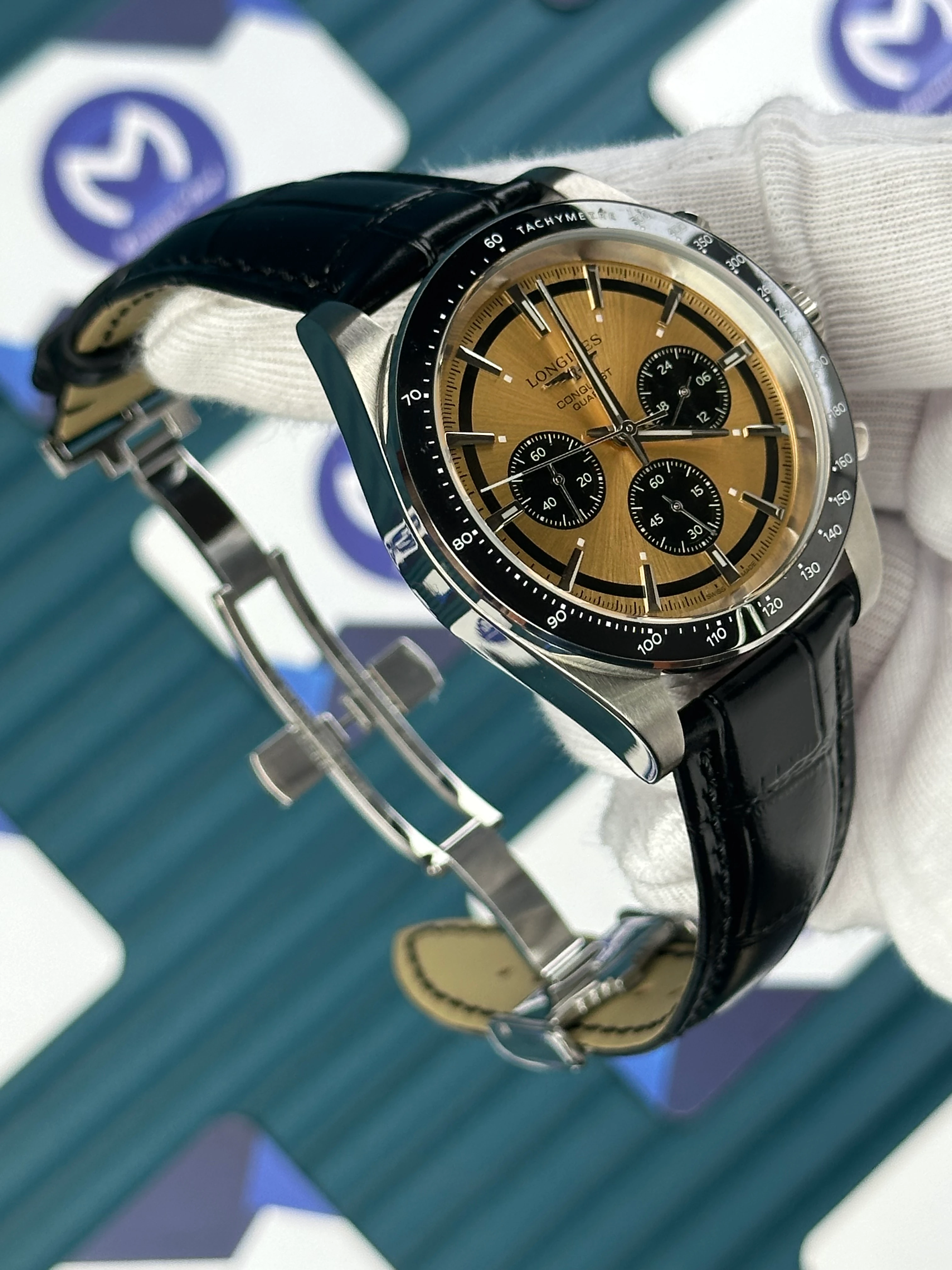 LONGINES CONQUEST CHRONOGRAPH AUTOMATIC GOLD REFLECTED DAYLIGHT DIAL BLACK LEATHER 