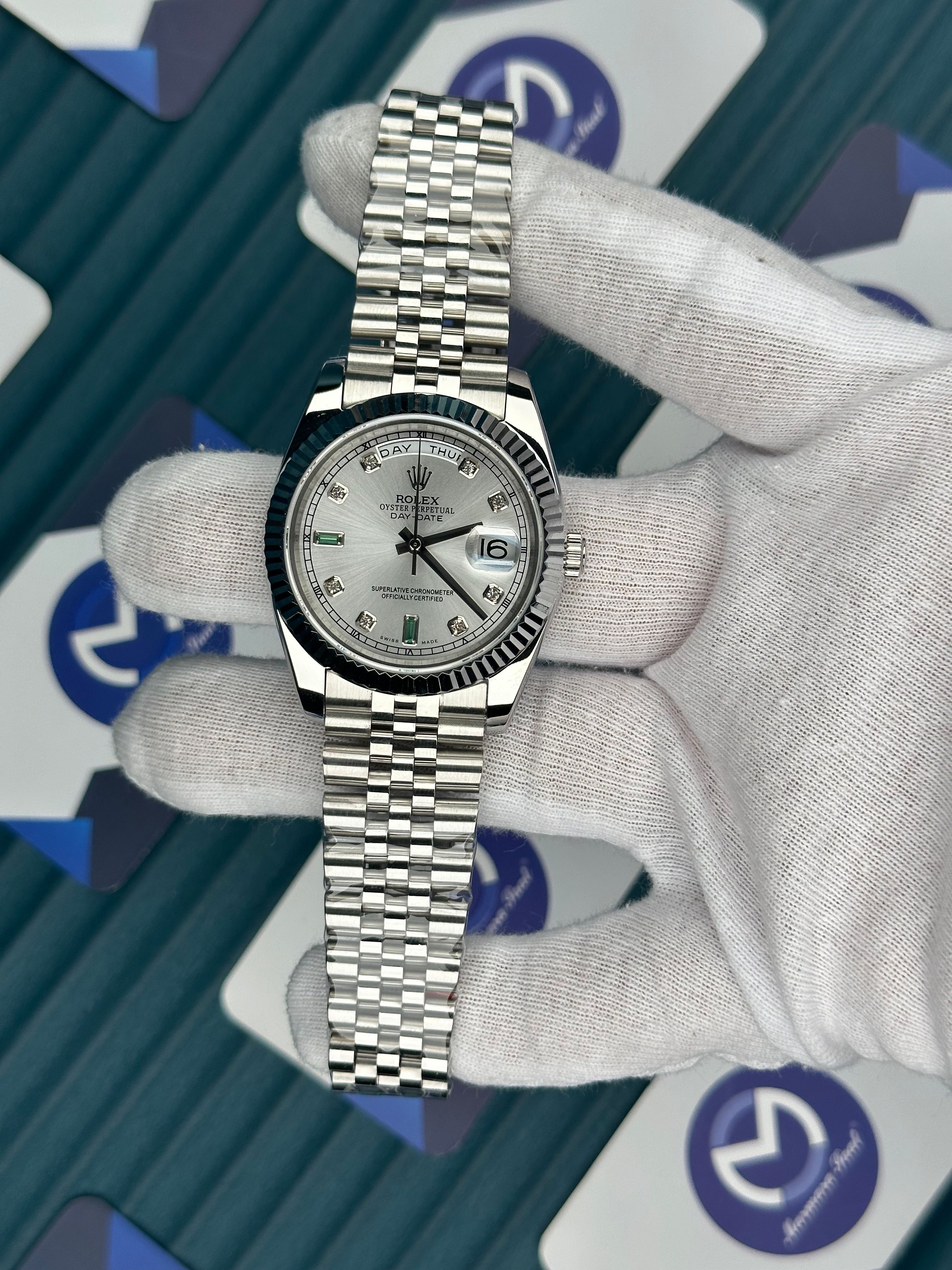 ROLEX DAY-DATE WHITE DIAL DIAMOND INDEX SILVER JUBILE