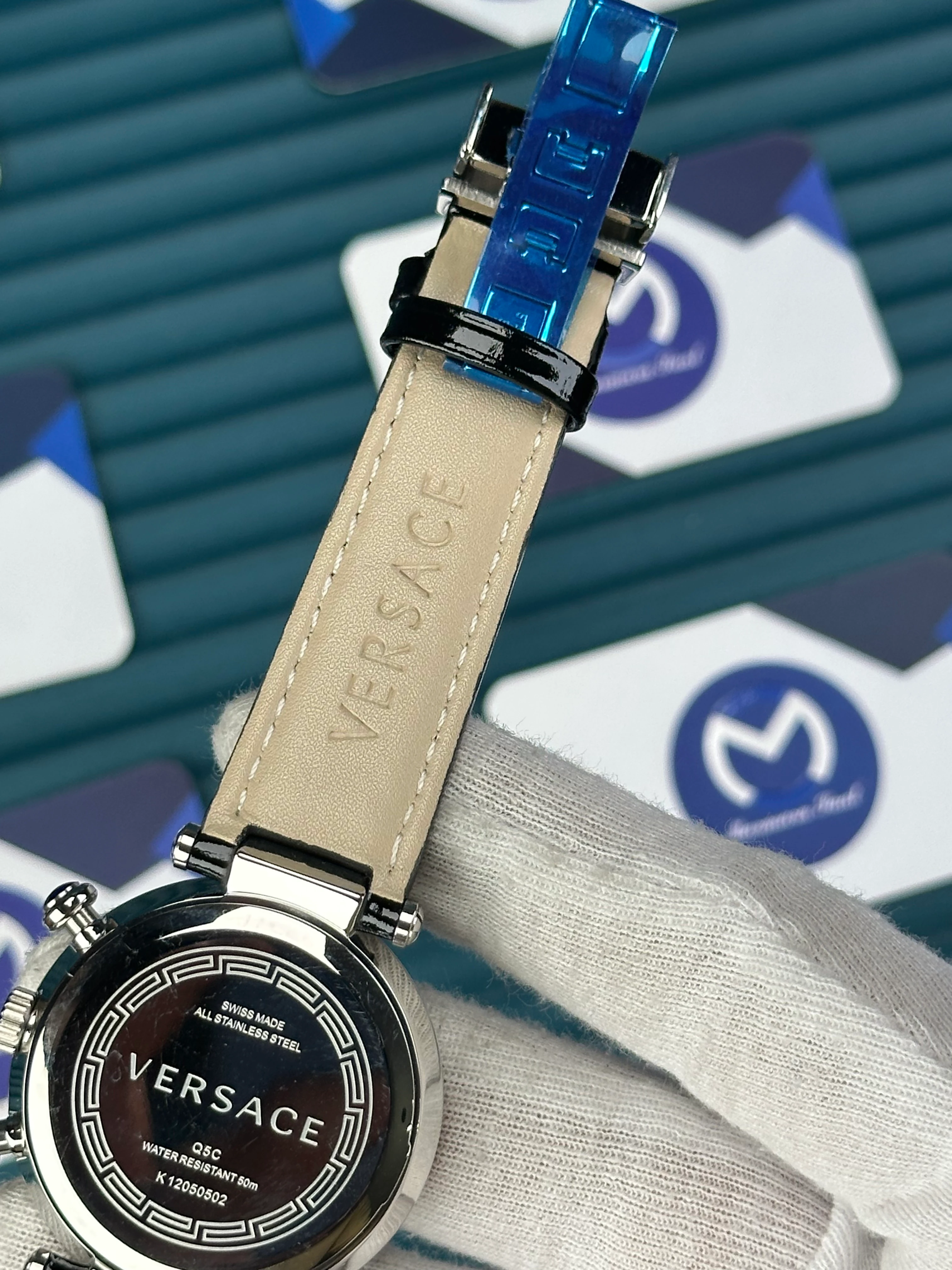 VERSACE 38 BLACK DIAL SILVER CASE DIAMOND BEZEL CHRONOGRAPH BLACK LEATHER CORD