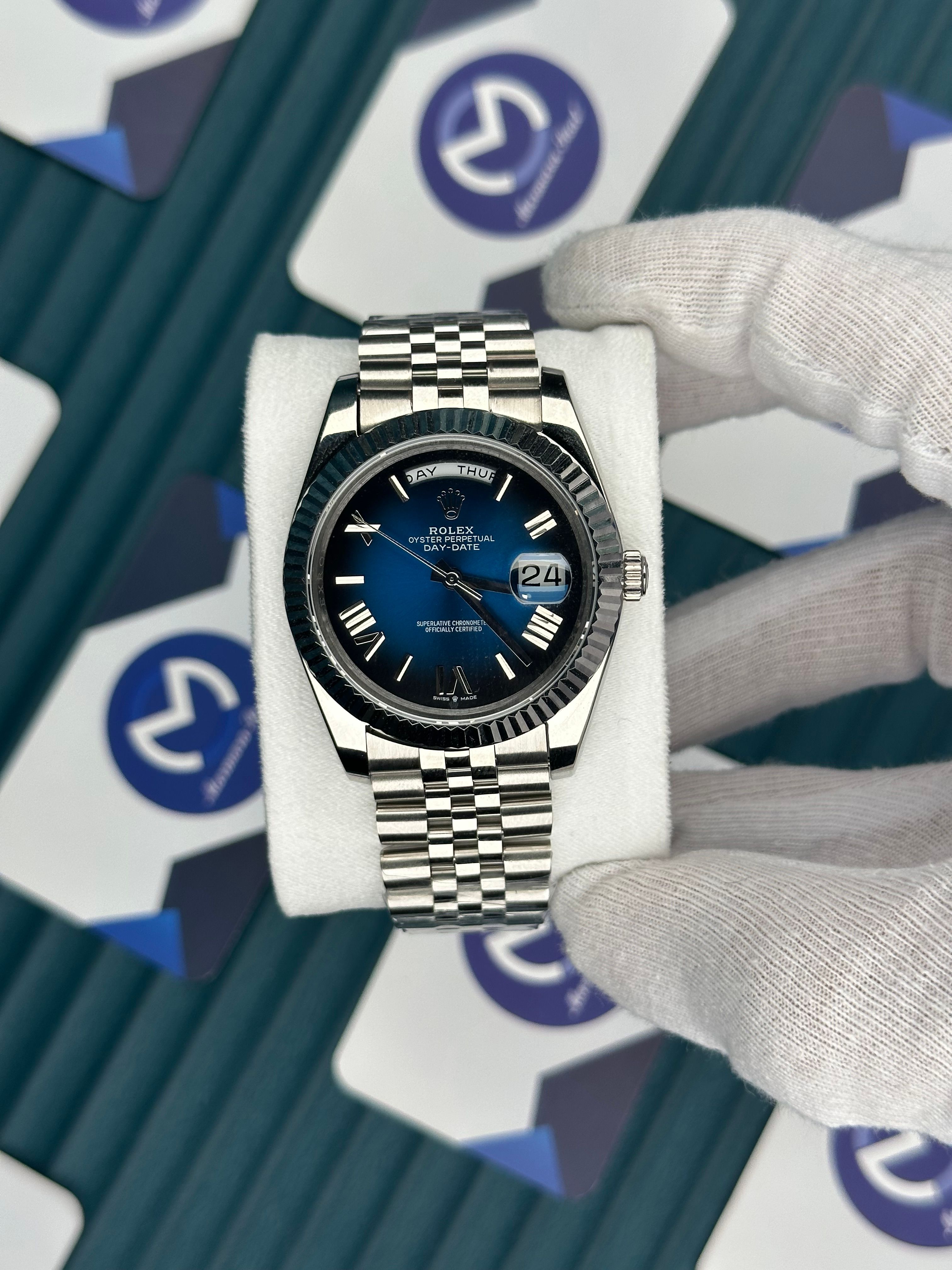 ROLEX DAY-DATE BLUE DIAL ROMA INDEX SILVER JUBILE