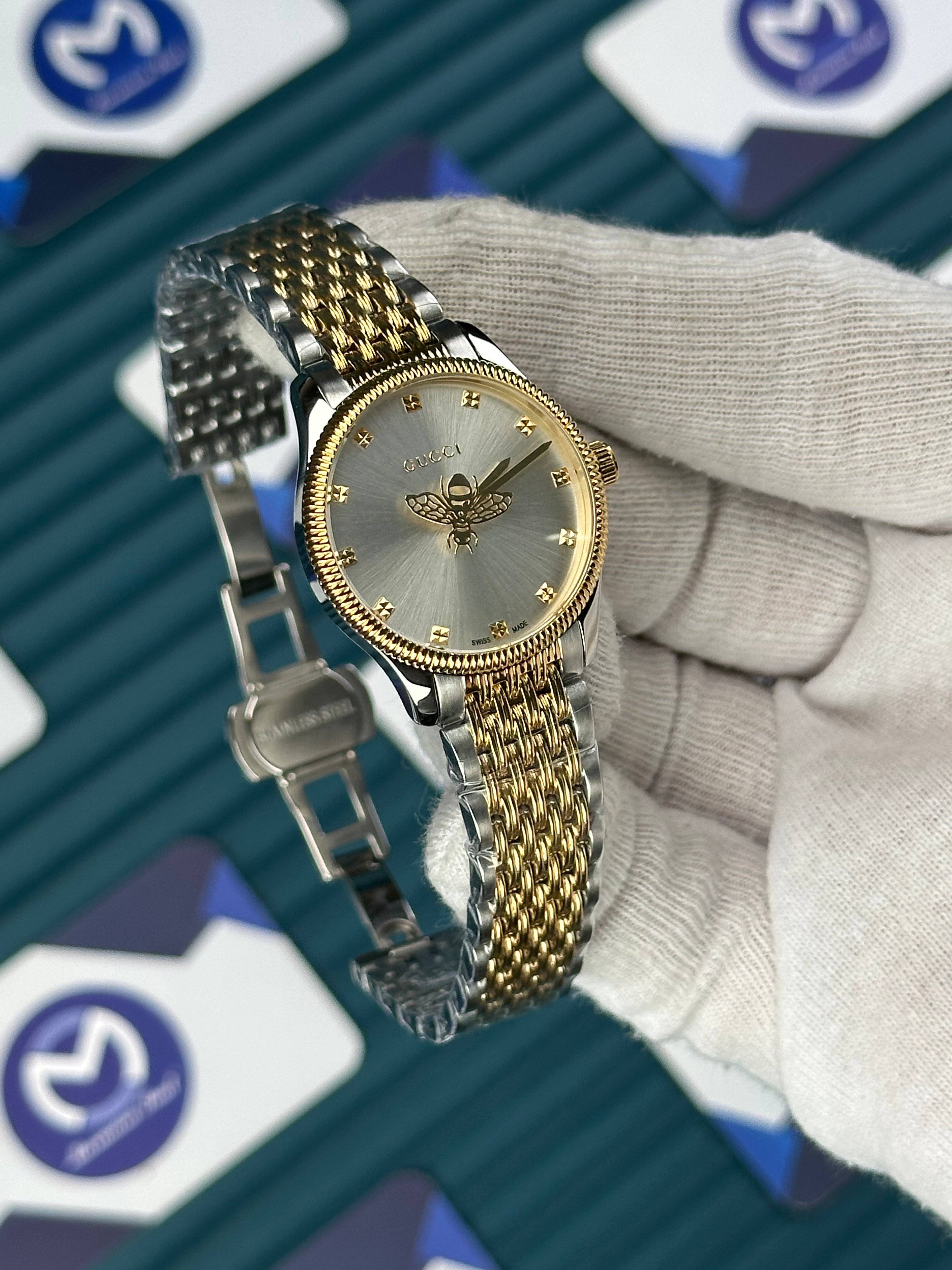 GUCCI WHITE DIAL SPINNING BUTTERFLY GOLD-SILVER