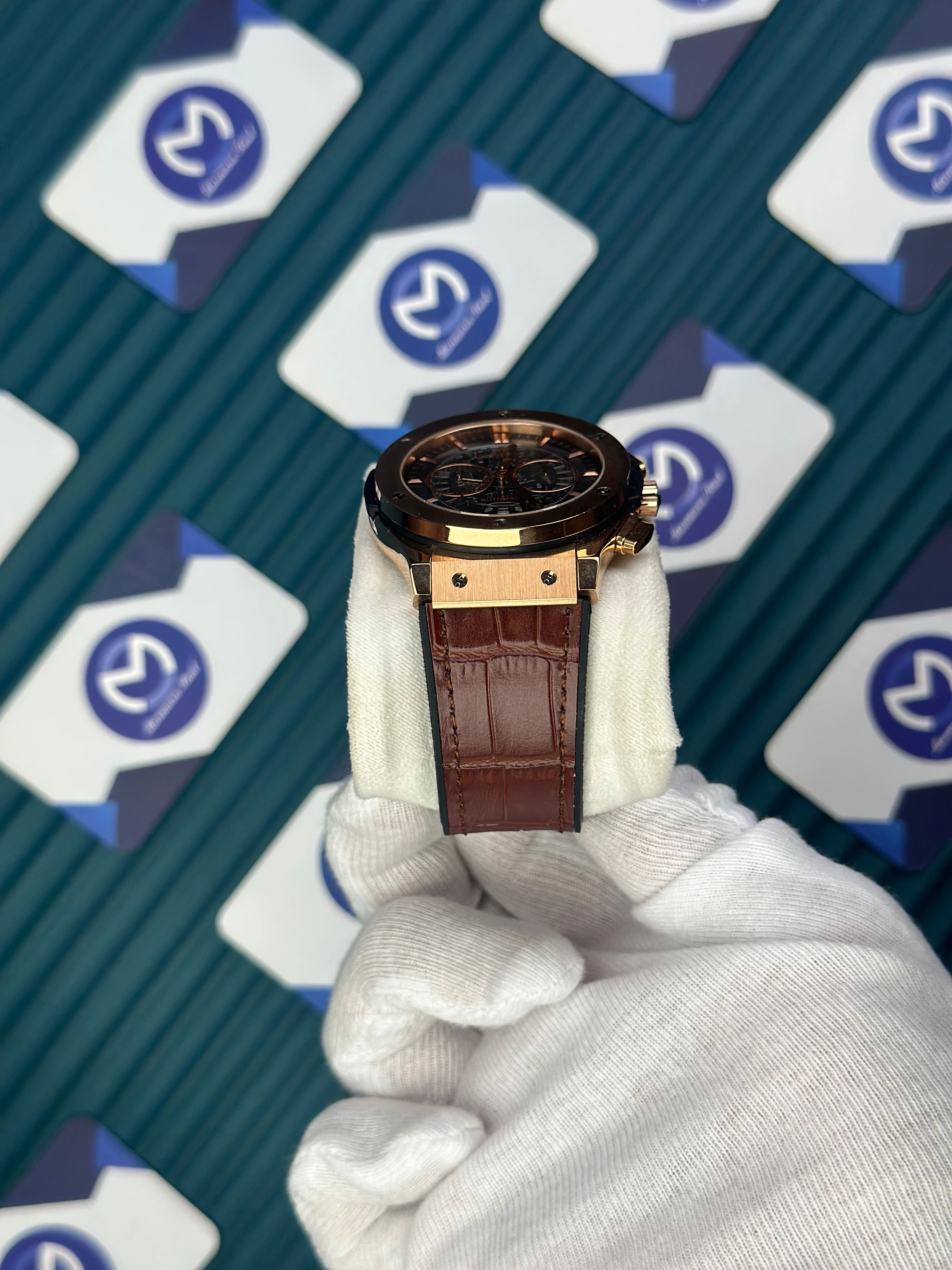 HUBLOT AUTOMATIC SKELETON FUSHION VENDOME ROSE CASE LEATHER BROWN CORD 