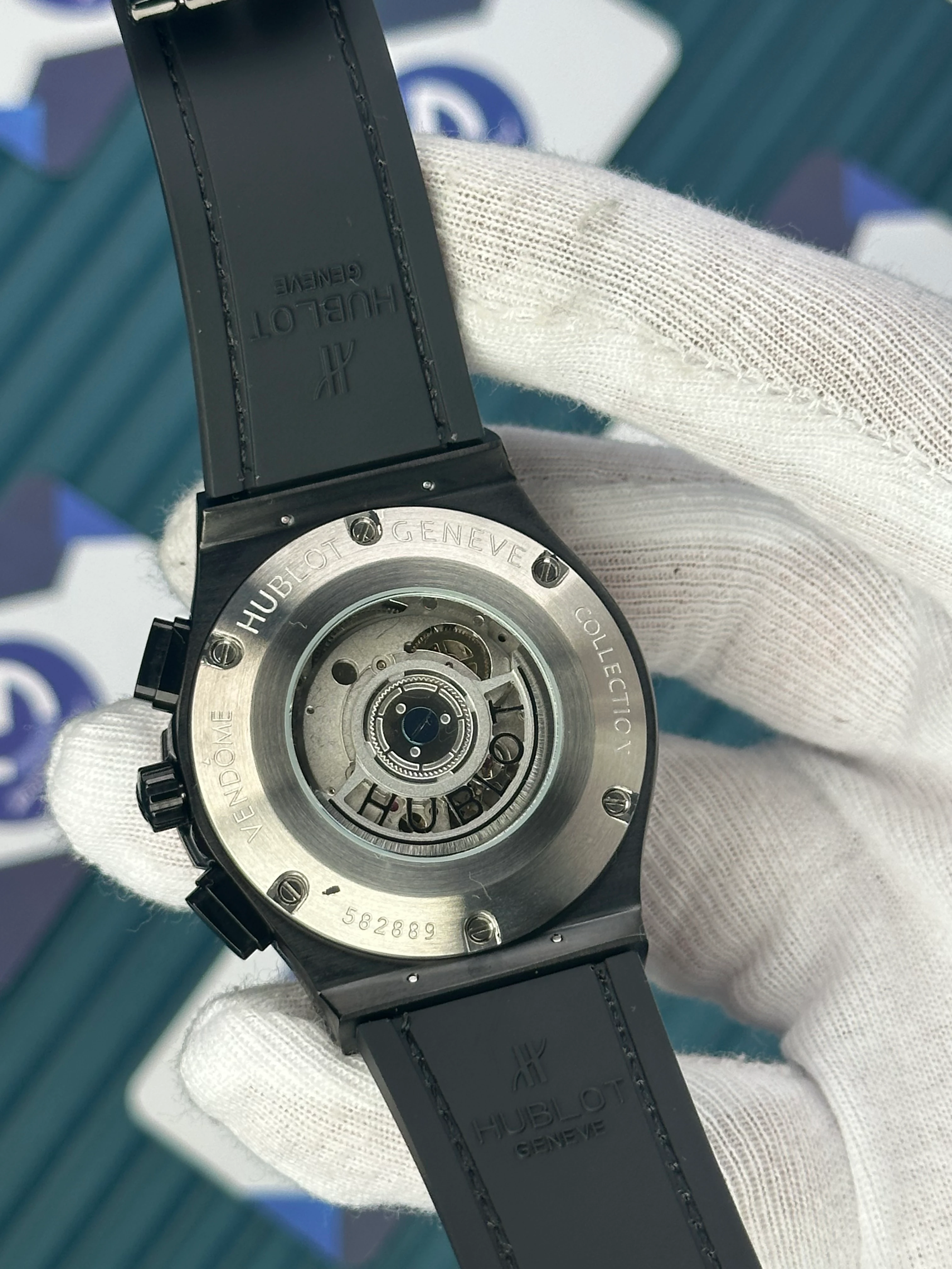 HUBLOT AUTOMATIC BLACK CHRONOGRAPH DIAL ROSE CASE BLACK CASE BLACK LEATHER CORD 