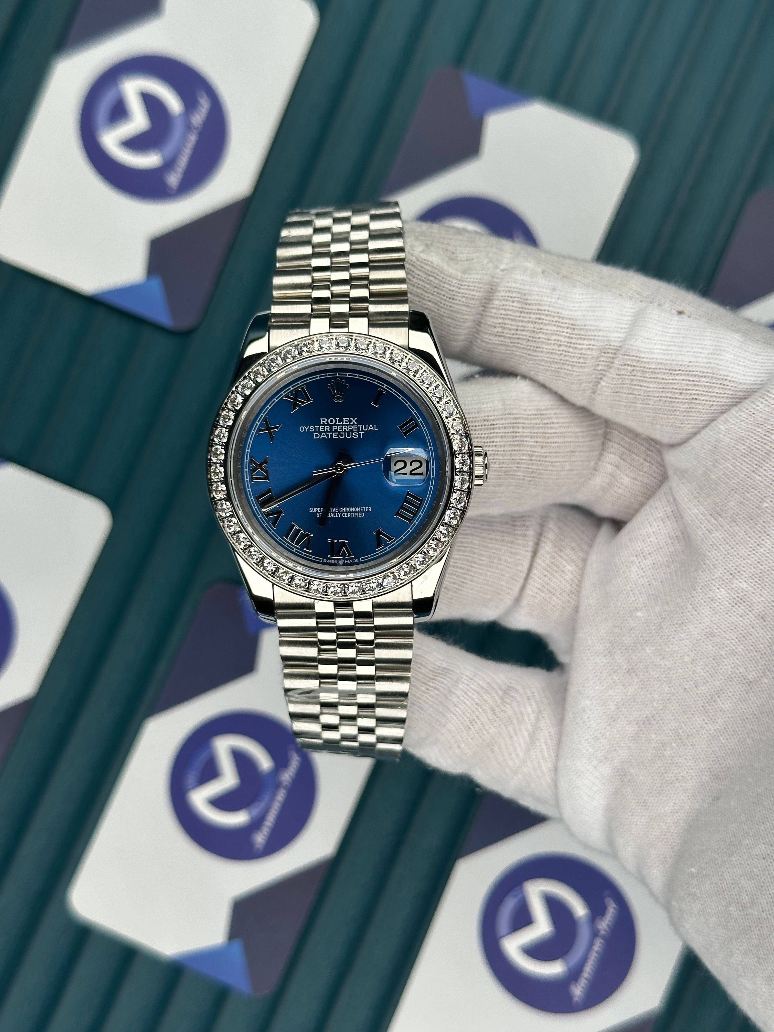 ROLEX DATEJUST BLUE DIAL DIAMOND BEZEL SILVER JUBILE