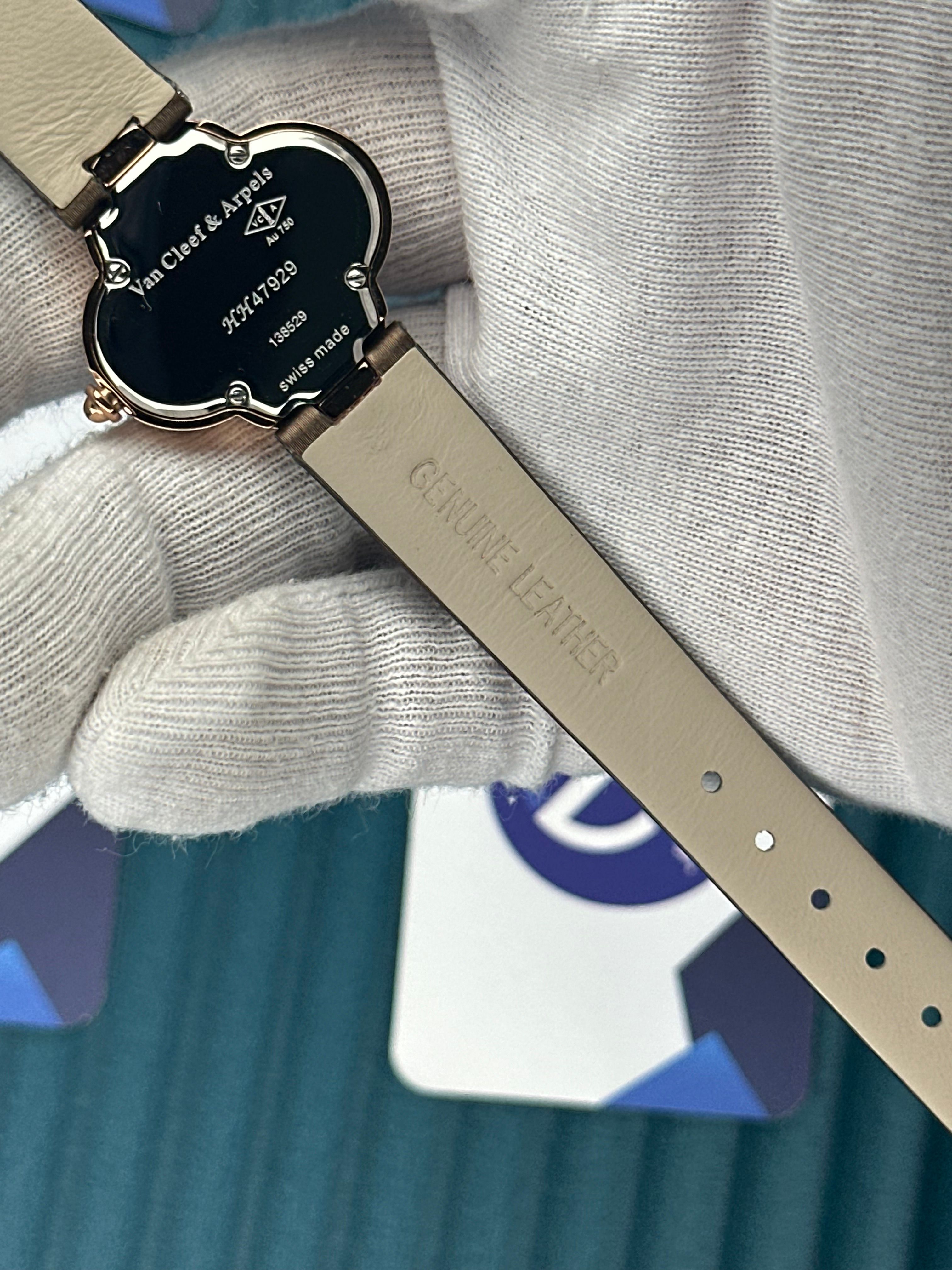 VAN CLEEF & ARPELS WHITE DIAL DIAMOND BEZEL ROSE CASE BROWN LEATHER CORD