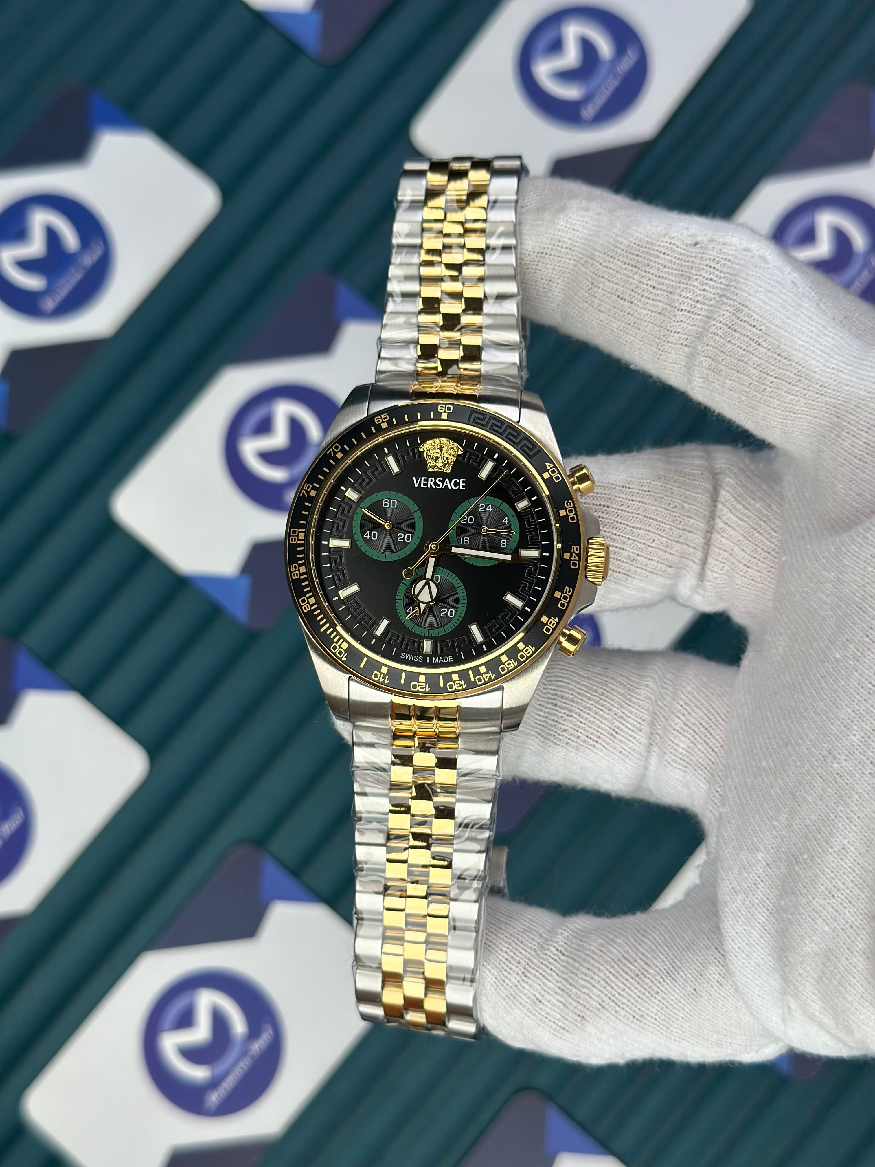 VERSACE NEW BLACK DIAL CHRONOGRAPH GOLD-SILVER JUBILE