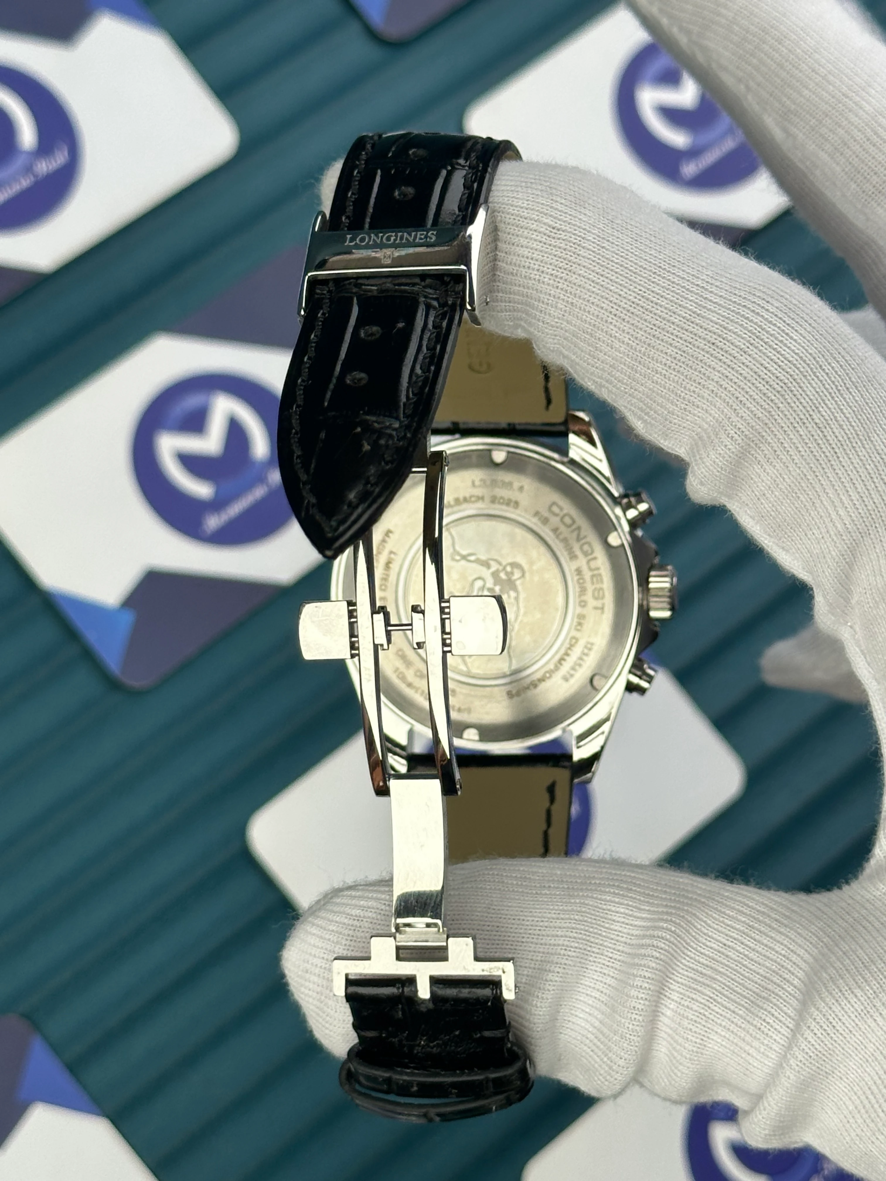 LONGINES CONQUEST AUTOMATIC LIMITED EDITION BLACK DIAL WHITE CHRONOGRAPH BLACK LEATHER 