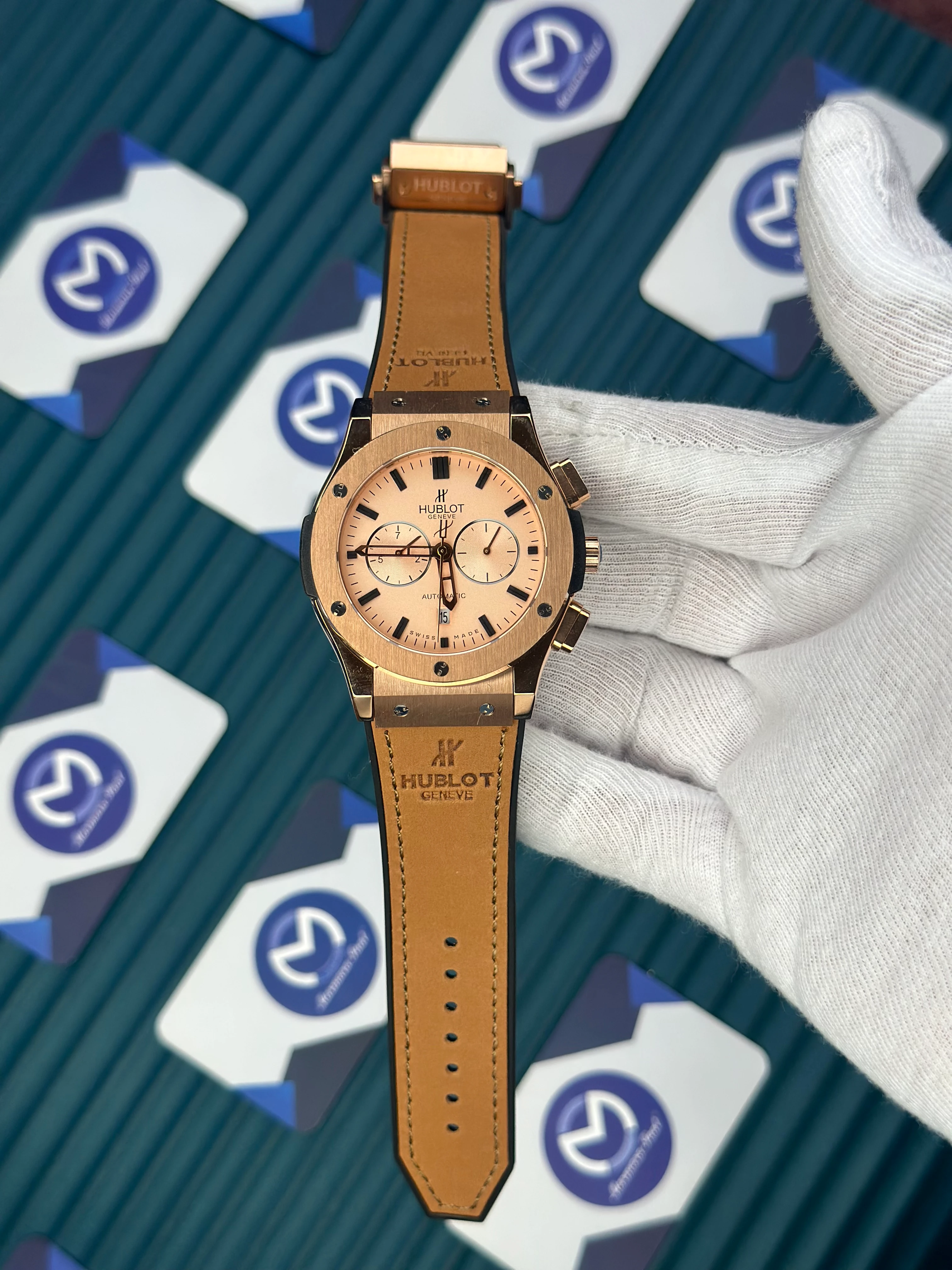 HUBLOT AUTOMATIC CLASSIC FUSHION VENDOME BEIGE DIAL ROSE CASE LIGHT BROWN LEATHER CORD 