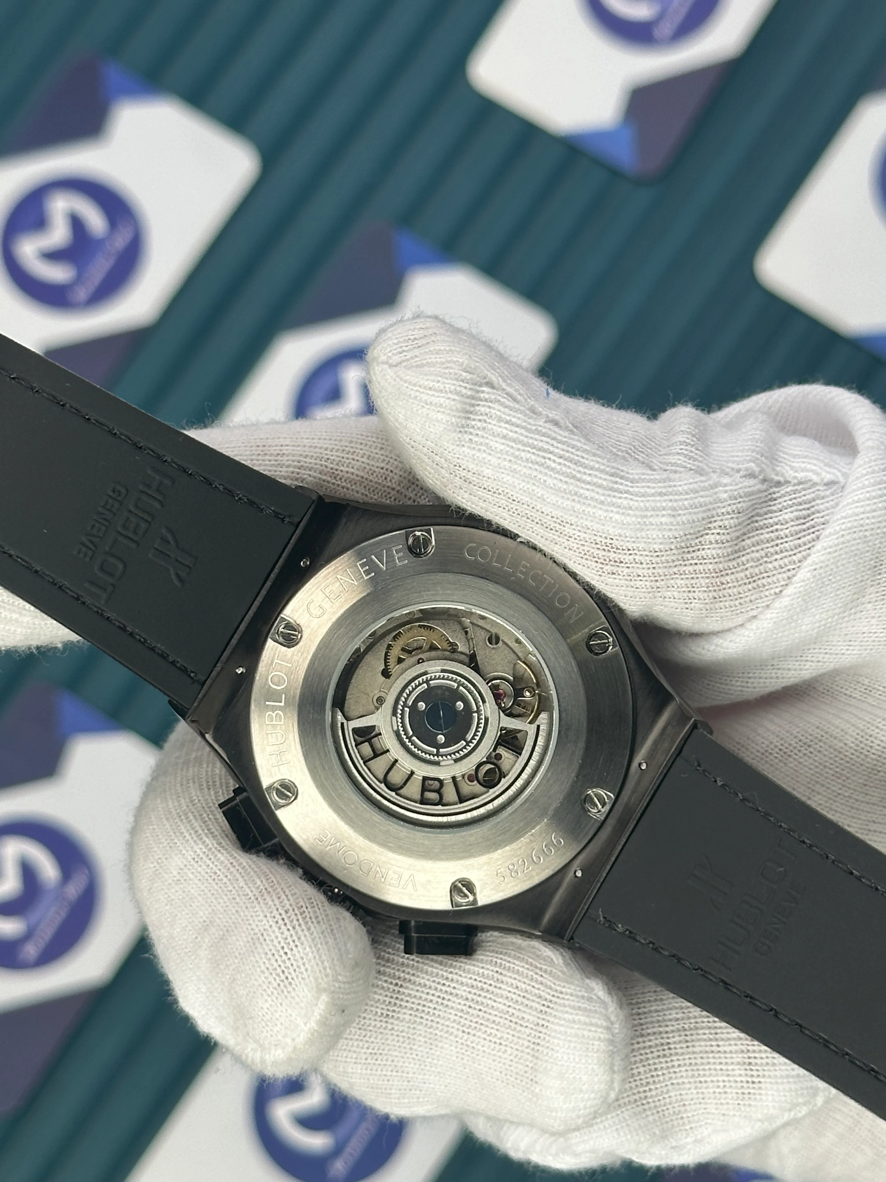 HUBLOT AUTOMATIC SKELETON DIAL BLACK CASE GREEN LEATHER CORD 