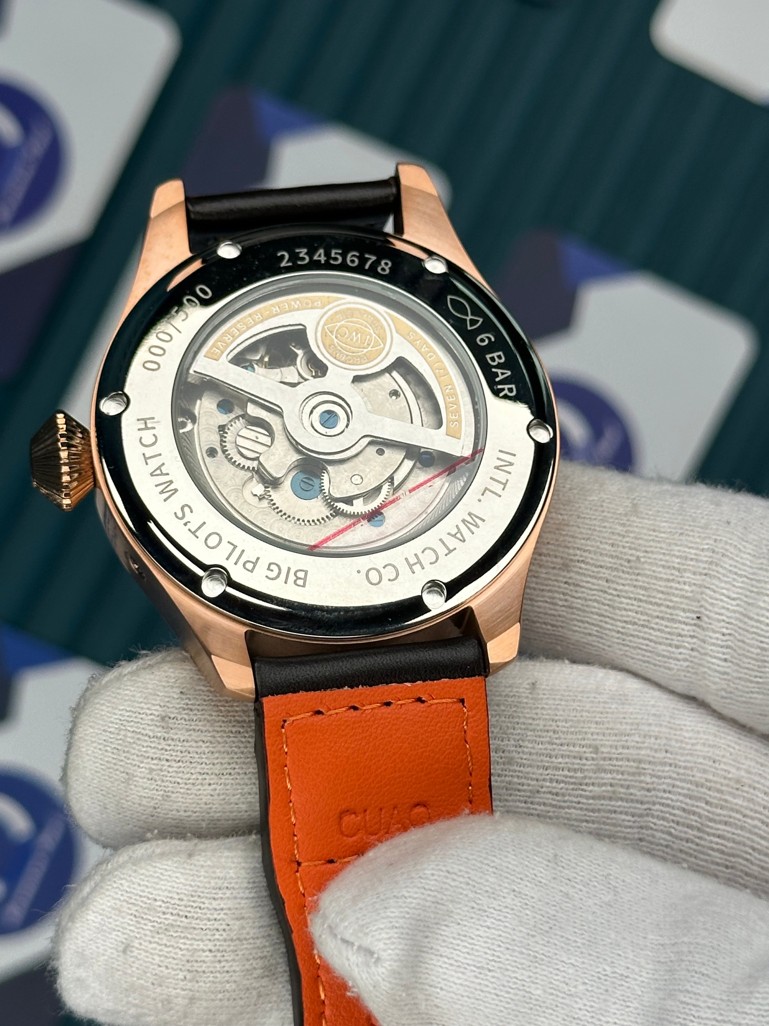 IWC Big Pilot Blue Dial Chronograph Rose Case Brown Cord