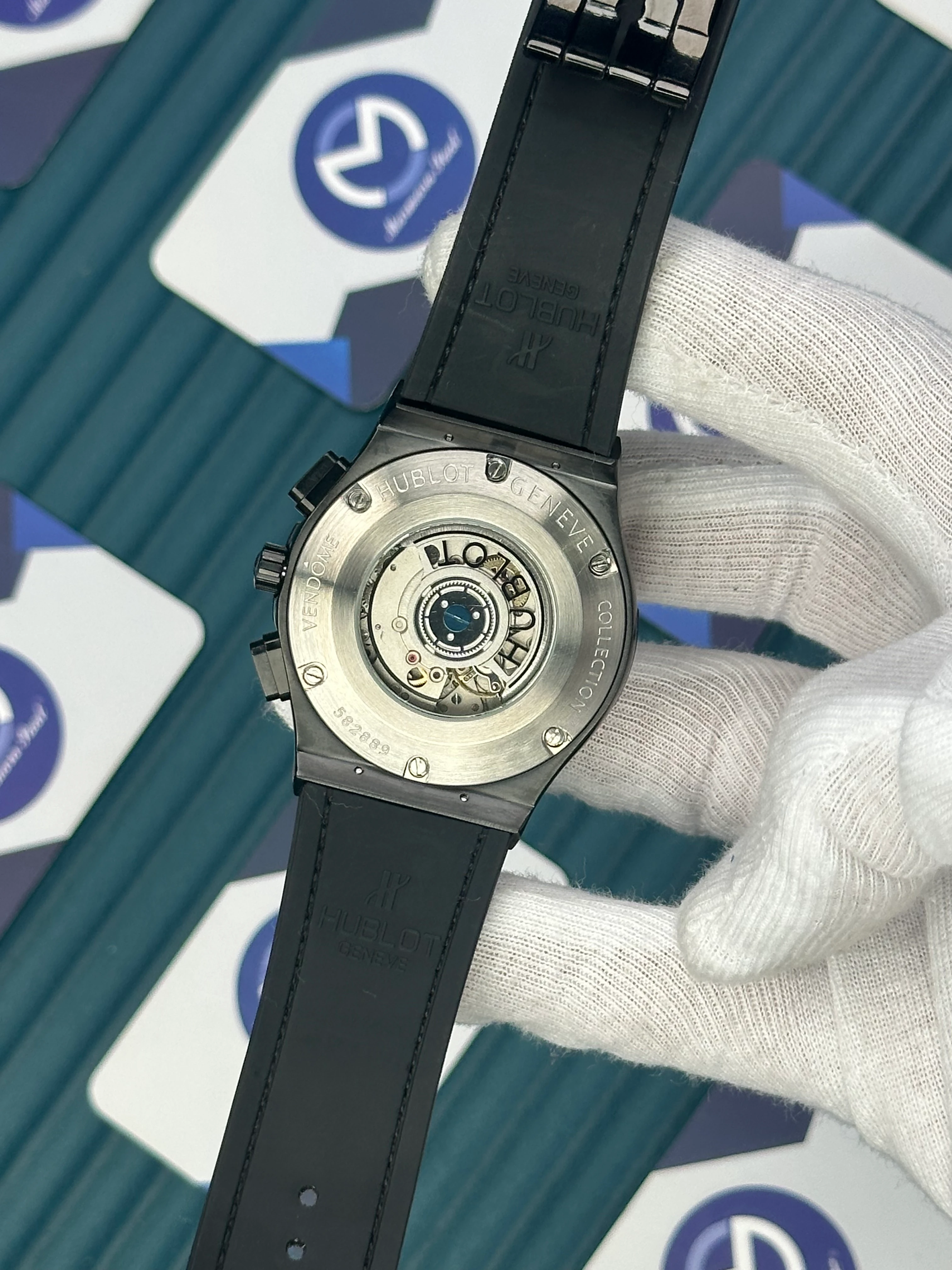 HUBLOT AUTOMATIC SKELETON DIAL ROSE BEZEL BLACK CASE BROWN LEATHER CORD 