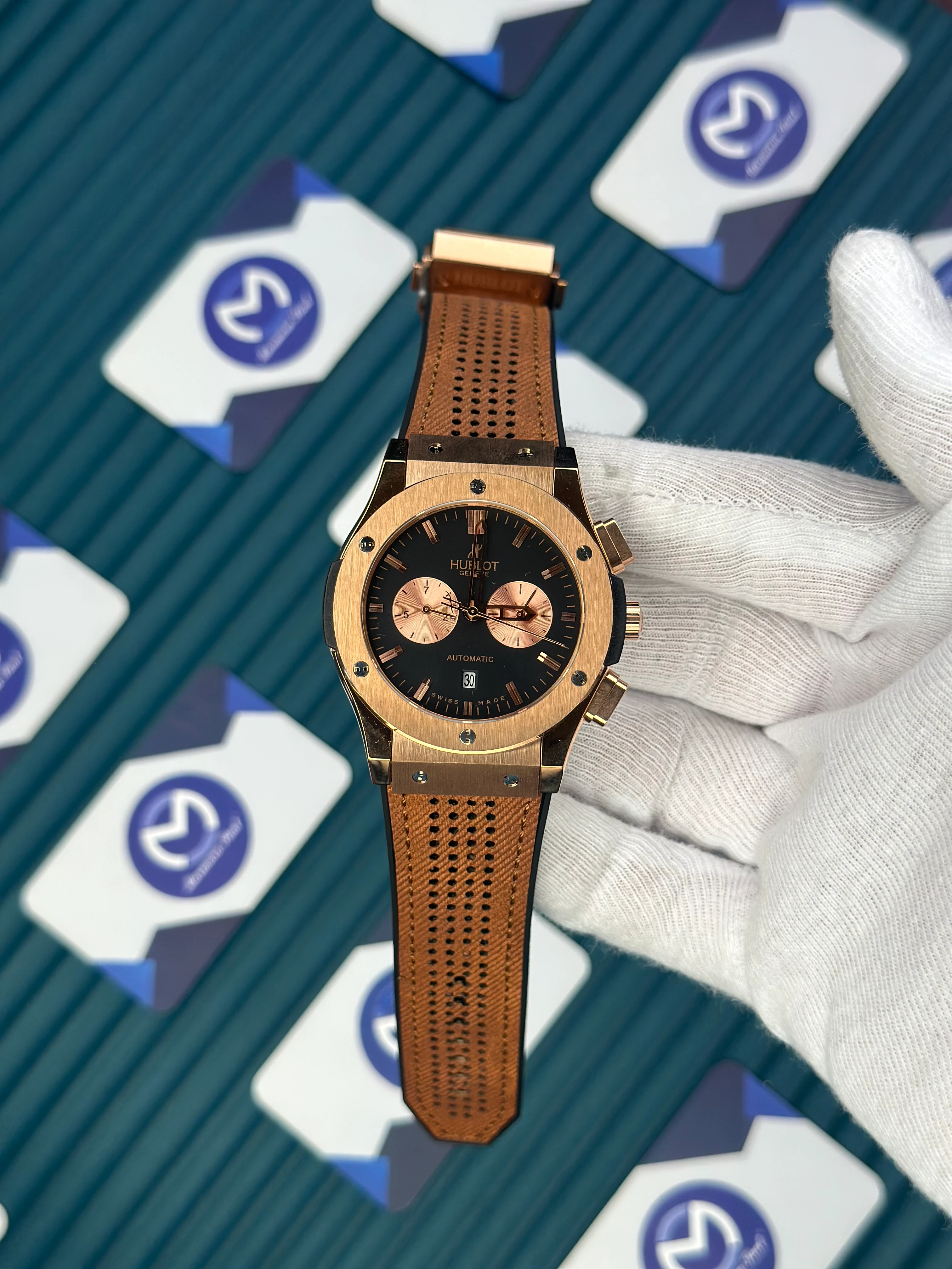 HUBLOT AUTOMATIC CLASSIC FUSHION VENDOME BLACK DIAL CHRONOGRAPH BEIGE LEATHER CORD 