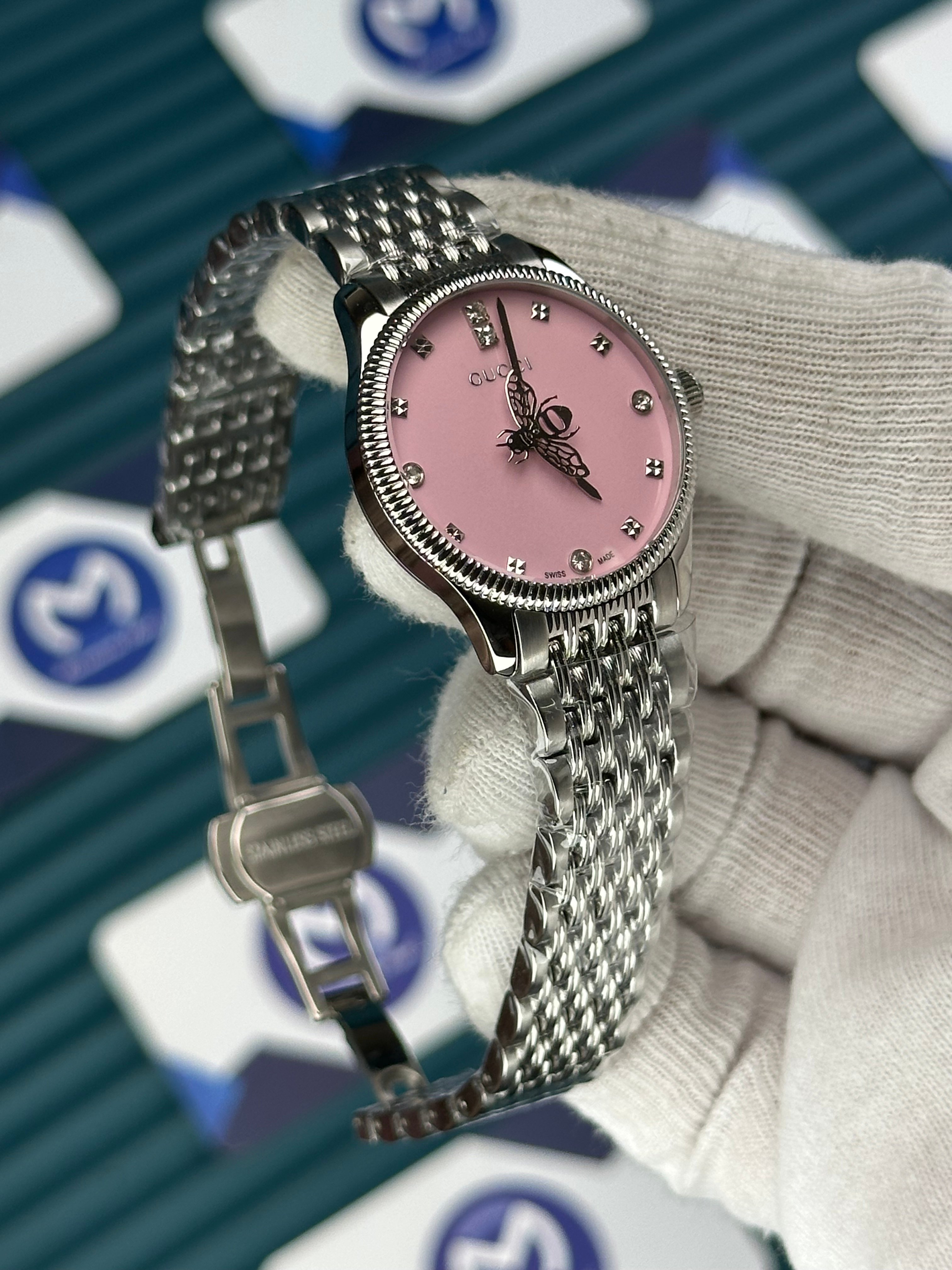 GUCCI PINK DIAL SPINNING BUTTERFLY SILVER