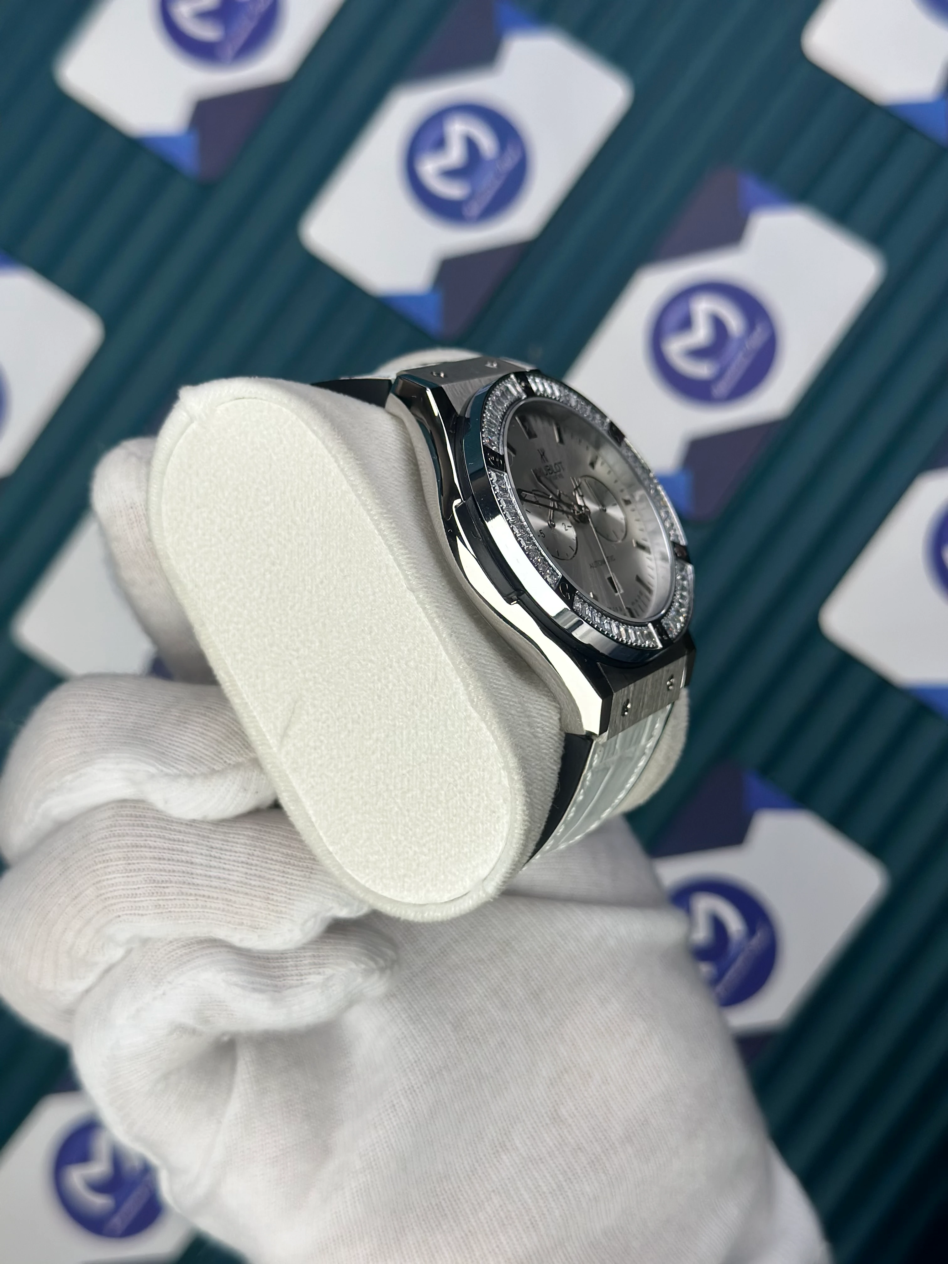 HUBLOT AUTOMATIC WHITE CHRONOGRAPH DIAL DIAMOND BEZEL WHITE LEATHER CORD 