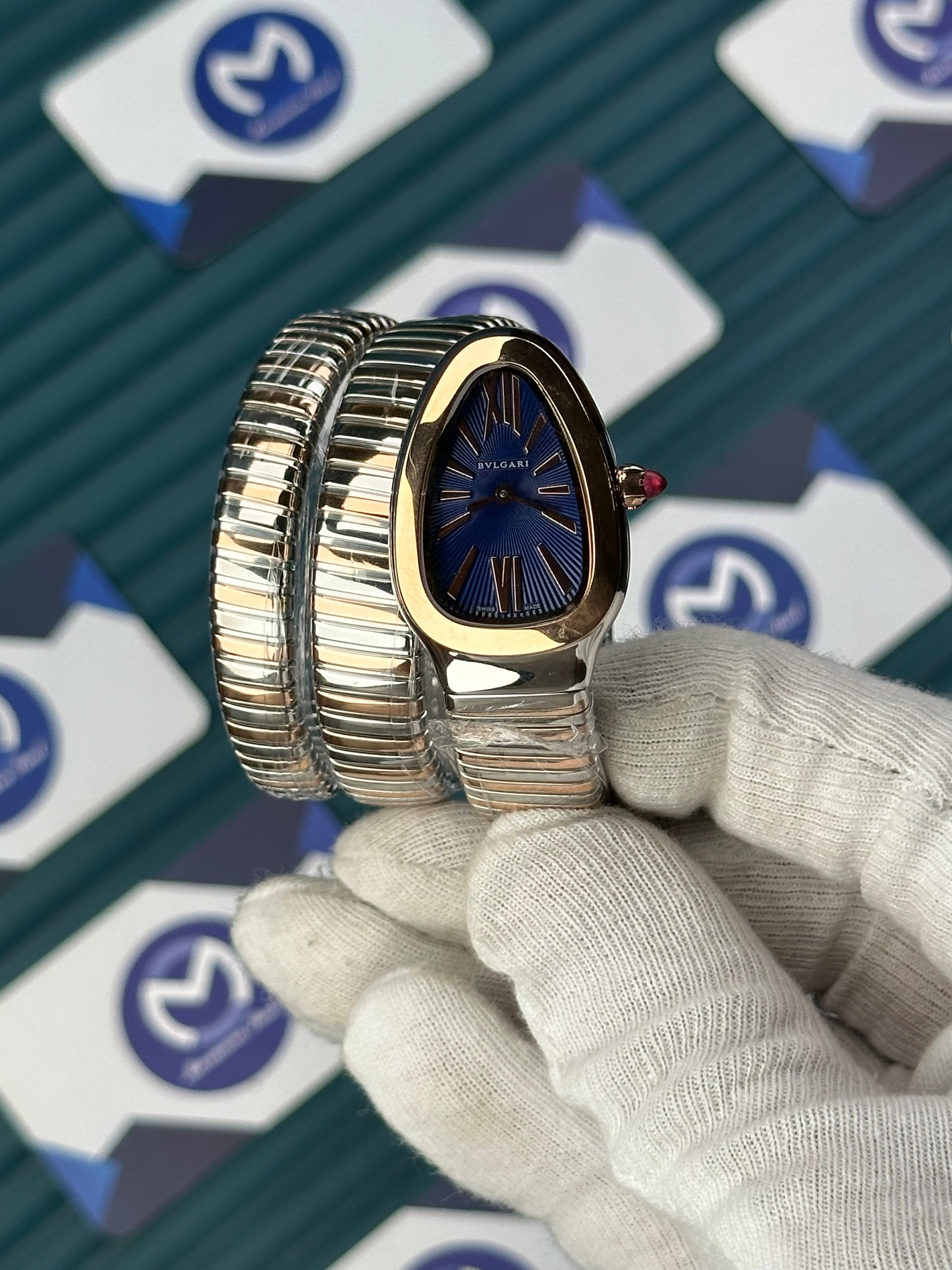 BVLGARI SERPENTI BLUE DIAL ROSE-SILVER LONG TUBOGAS