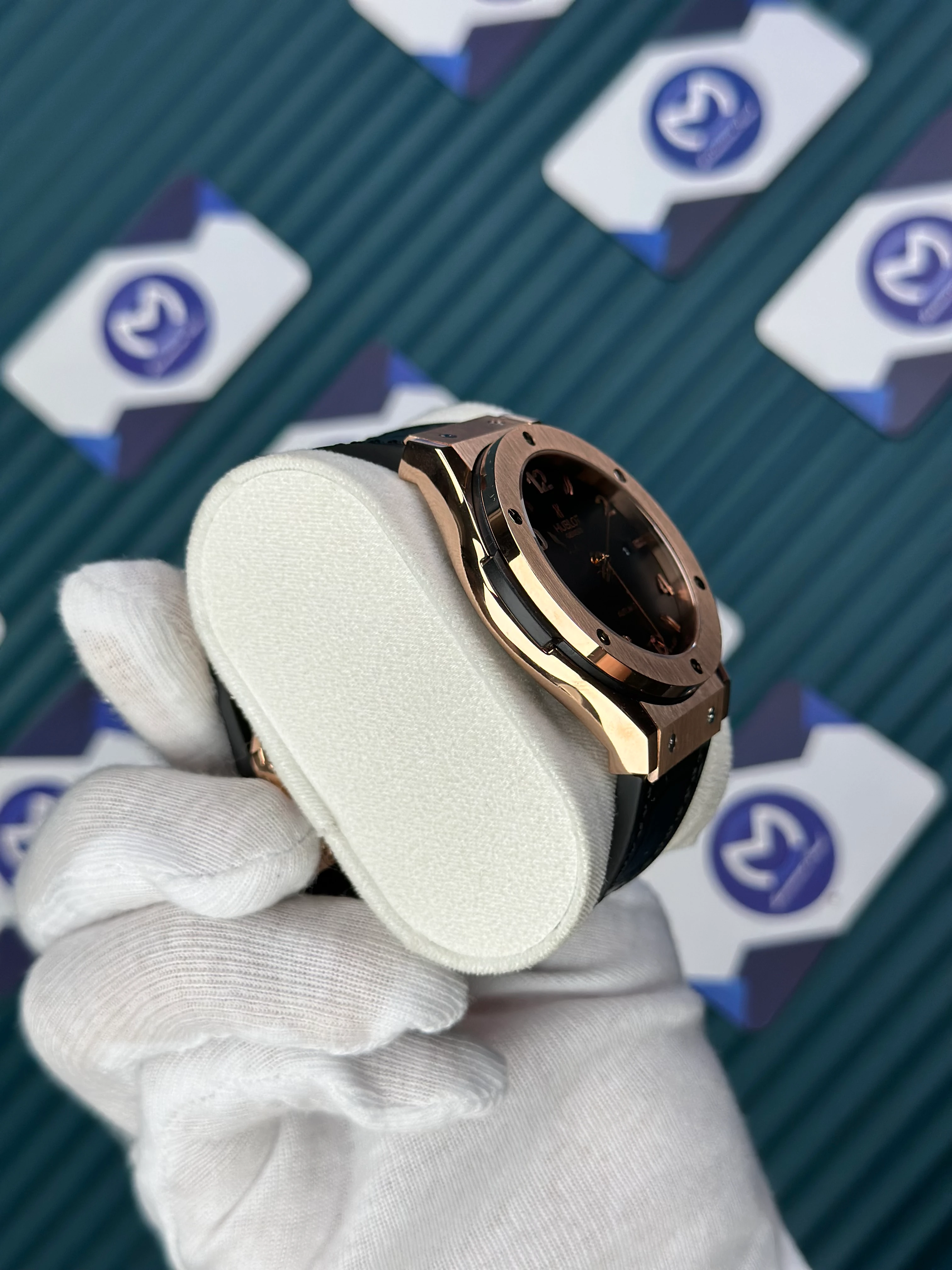 HUBLOT GENEVE AUTOMATIC VENDOME BLACK DIAL ROSE CASE BLACK LEATHER CORD 