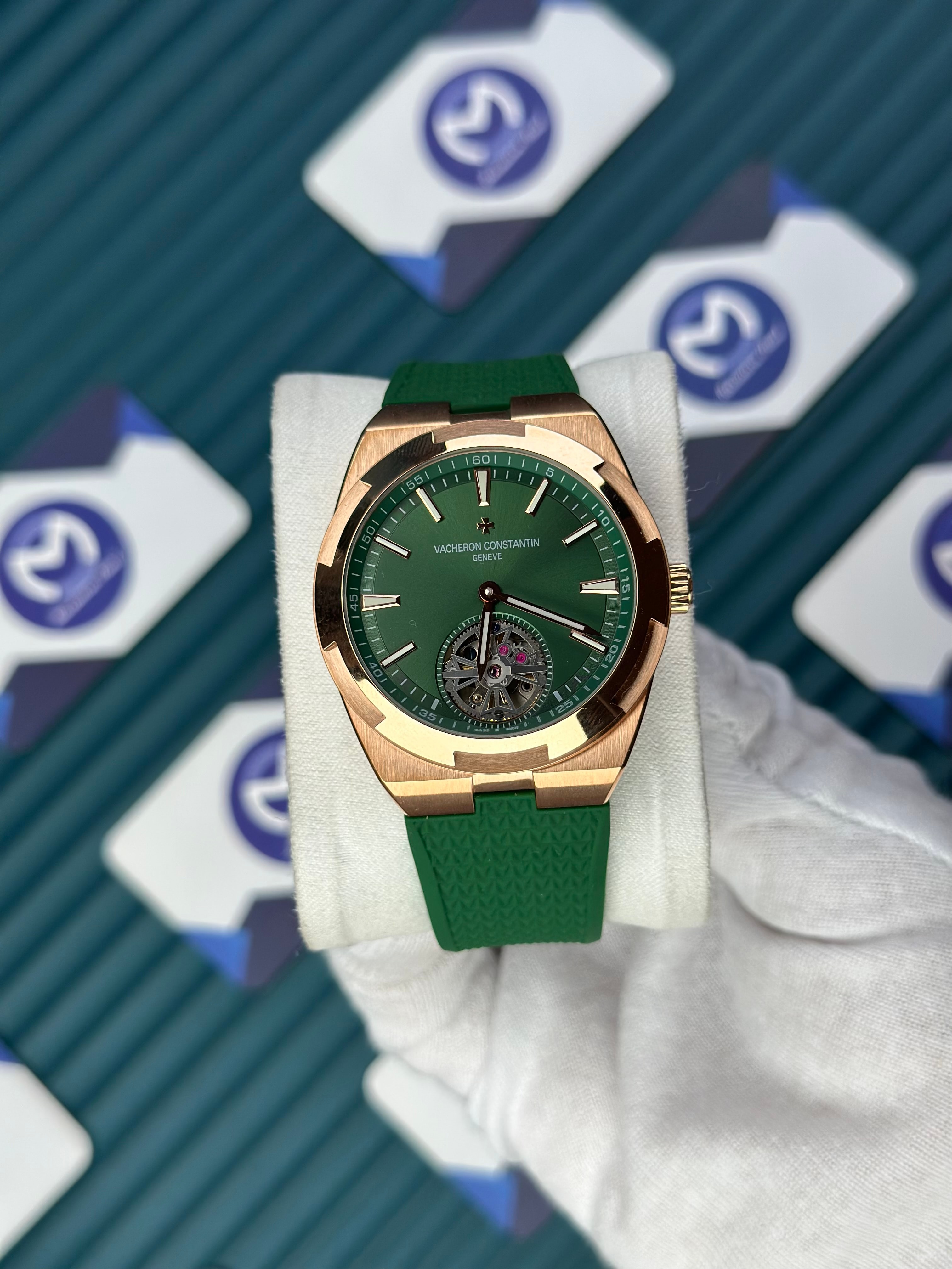 VACHERON CONSTANTIN GREEN DIAL ROSE CASE TOURBILLON OVERSEAS GREEN RUBBER