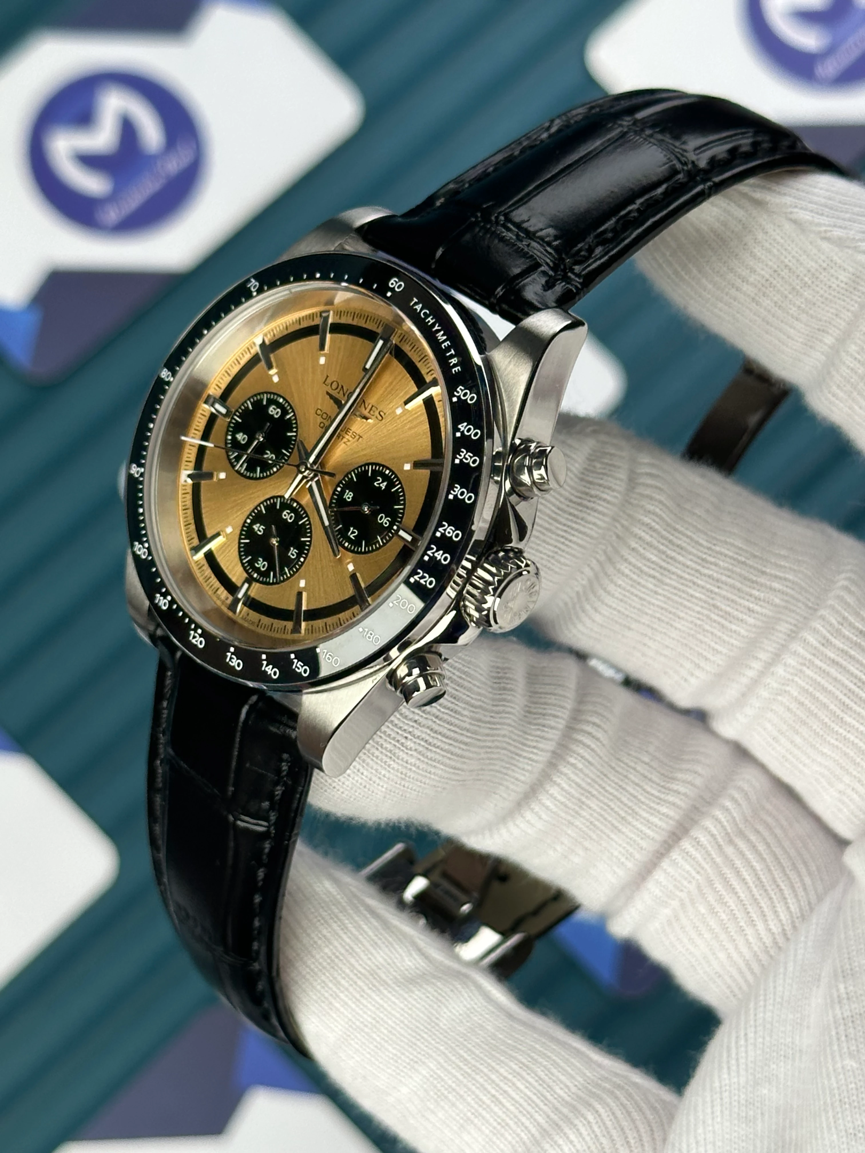 LONGINES CONQUEST CHRONOGRAPH AUTOMATIC GOLD REFLECTED DAYLIGHT DIAL BLACK LEATHER 