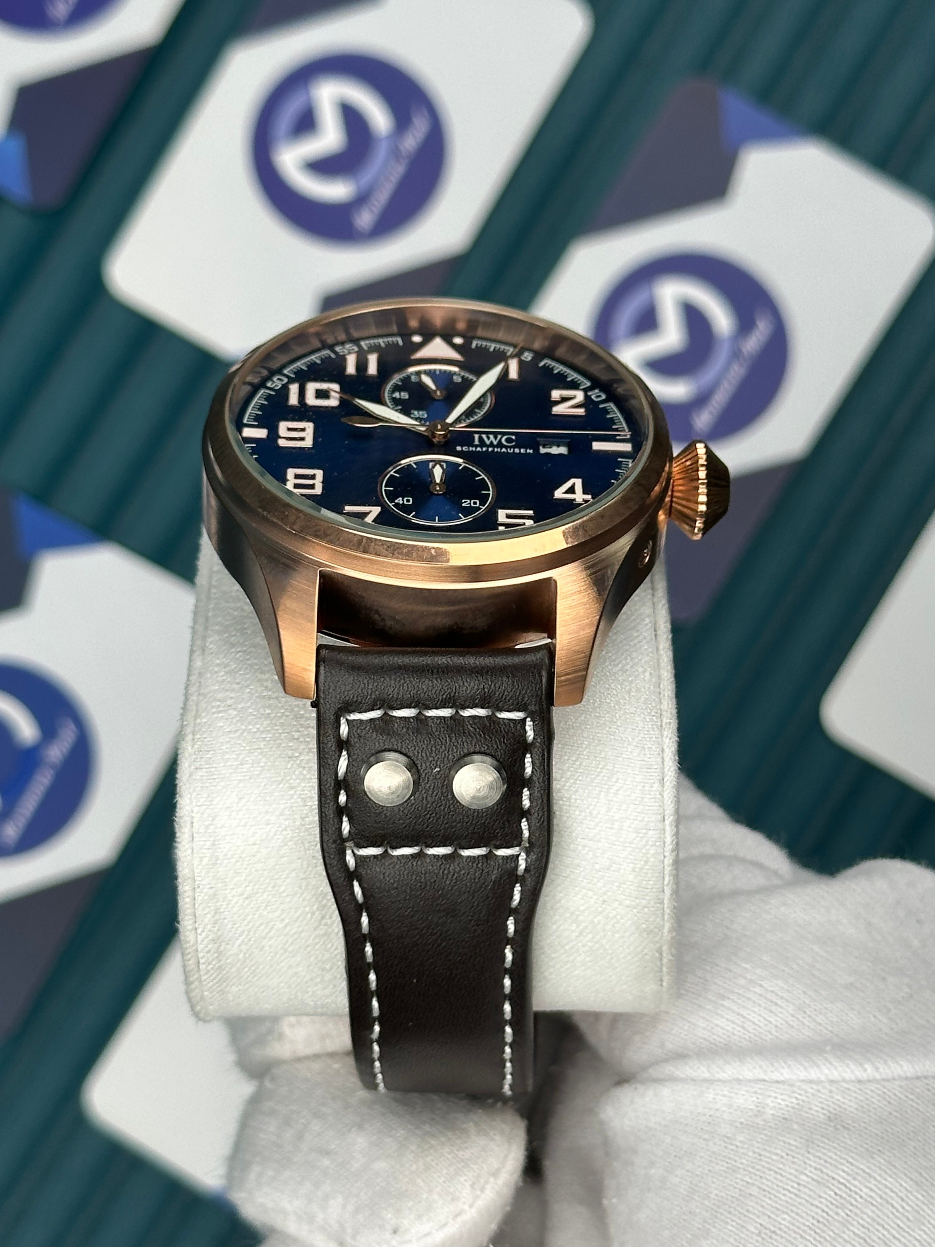 IWC Big Pilot Blue Dial Chronograph Rose Case Brown Cord