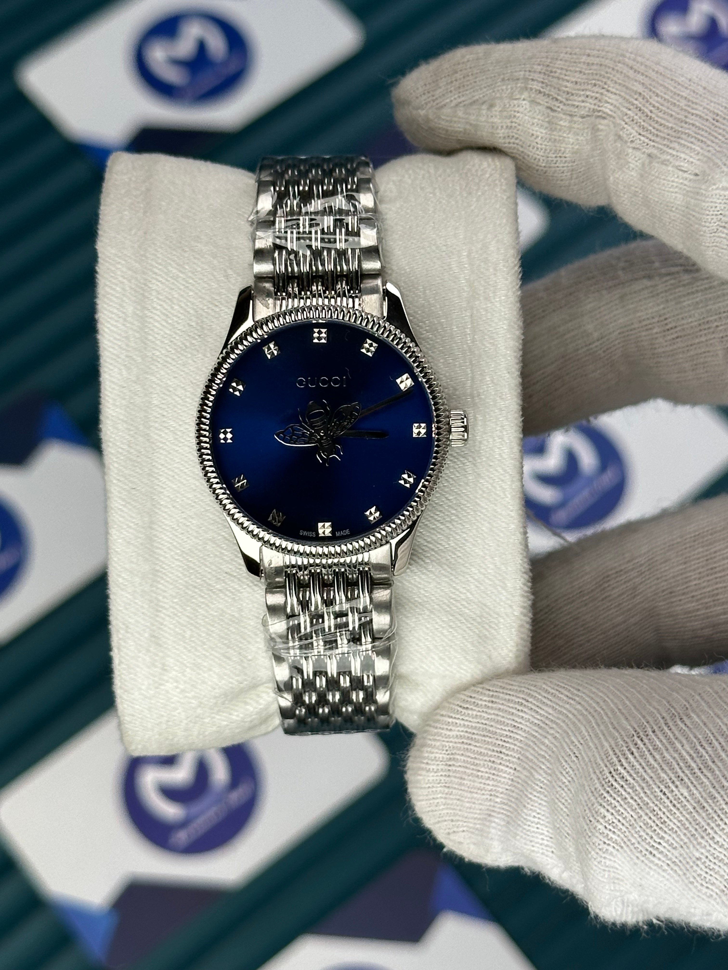 GUCCI BLUE DIAL SPINNING BUTTERFLY SILVER