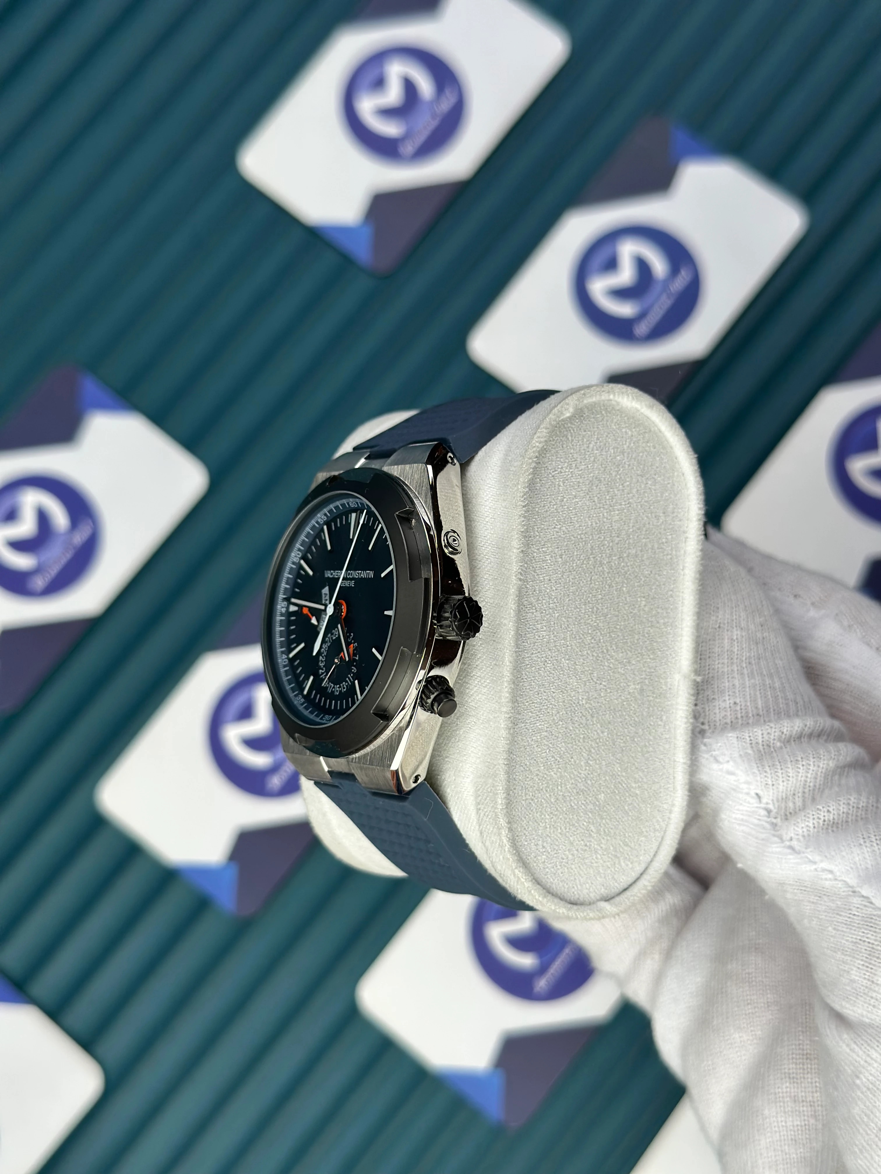 VACHERON CONSTANTIN BLUE DIAL SILVER CASE BLACK BEZEL DUAL TIME NAVY BLUE RUBBER 