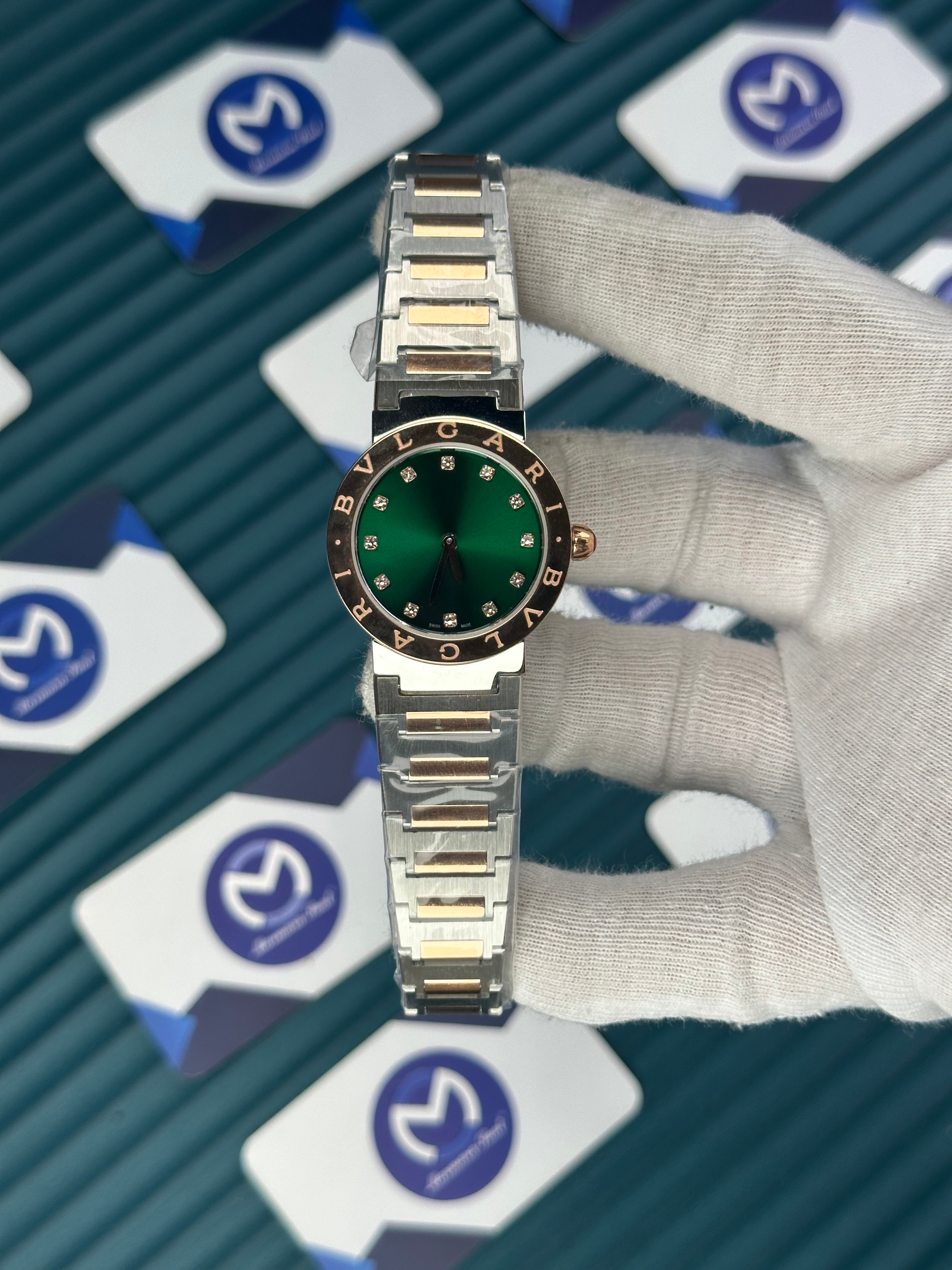 BVLGARI GREEN DIAL GOLD BEZEL DIAMOND INDEX GOLD-SILVER CORD
