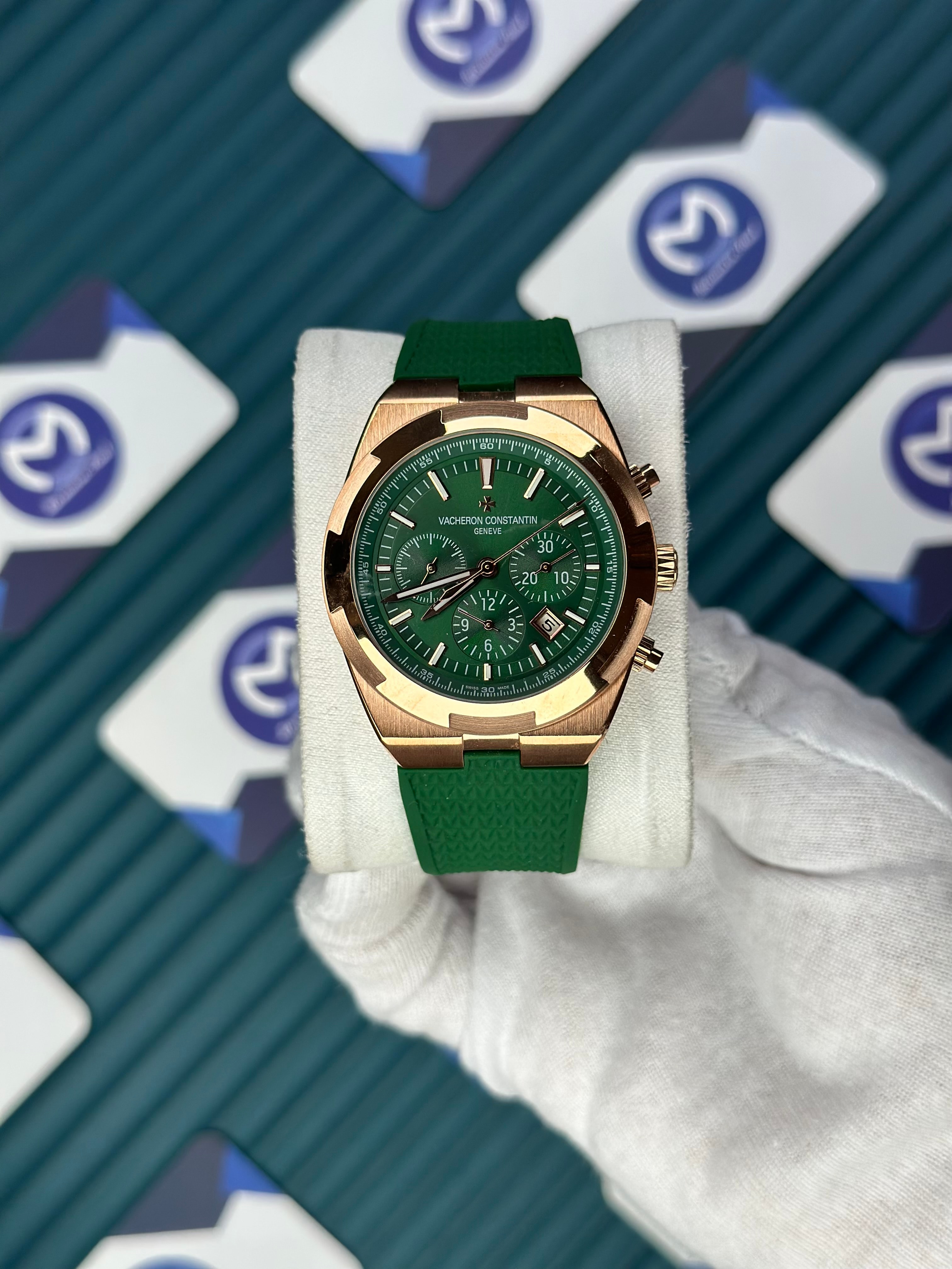 VACHERON CONSTANTIN GREEN DIAL ROSE CASE CHRONOGRAPH OVERSEAS GREEN RUBBER