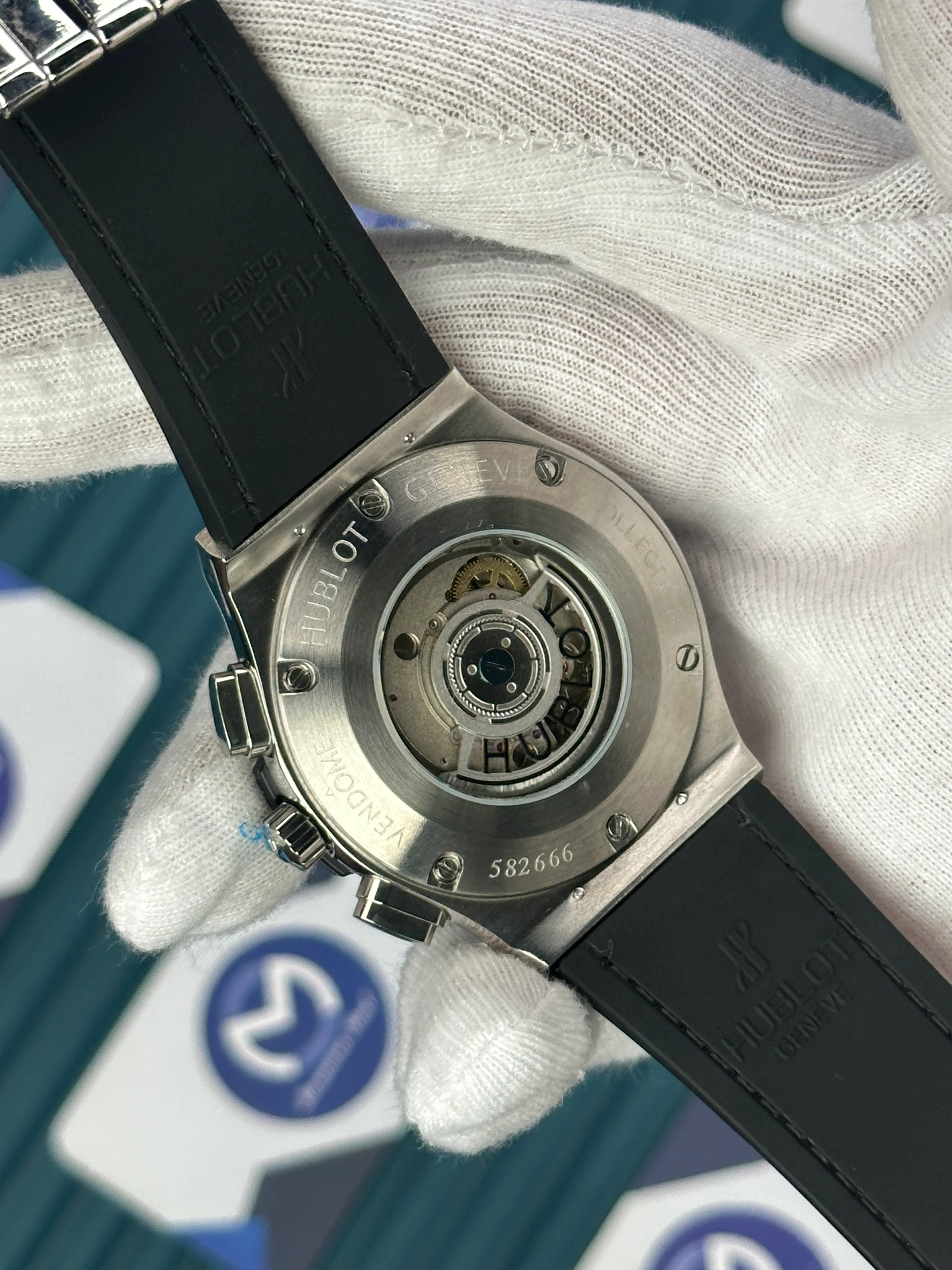 HUBLOT AUTOMATIC WHITE CHRONOGRAPH DIAL DIAMOND BEZEL WHITE LEATHER CORD 