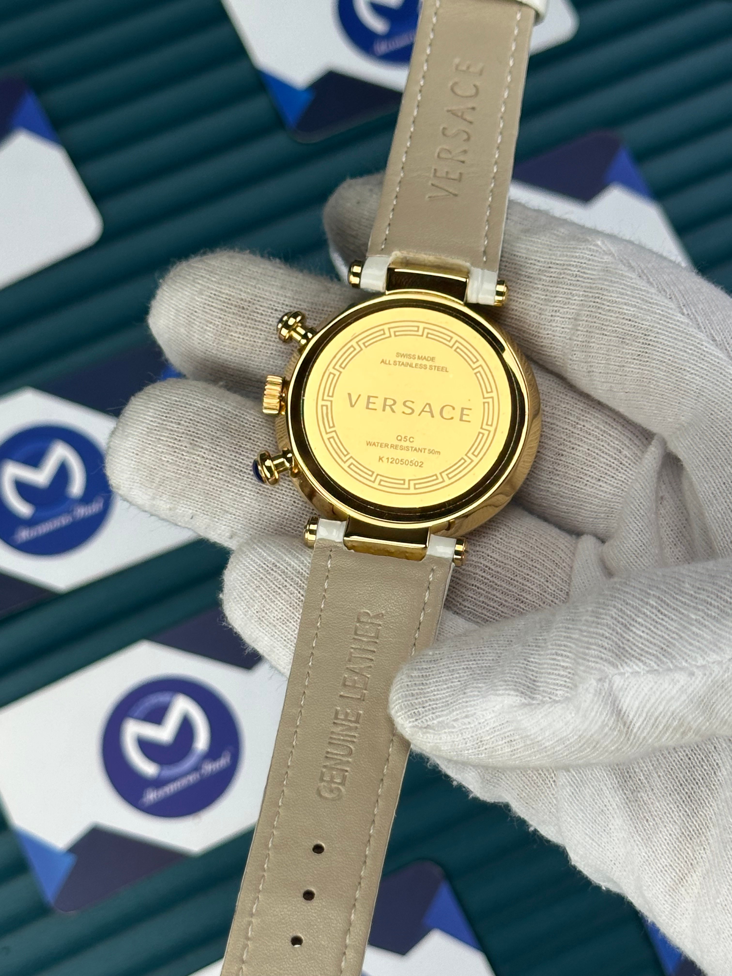 VERSACE 38 WHITE DIAL GOLD CASE DIAMOND BEZEL CHRONOGRAPH WHITE LEATHER CORD