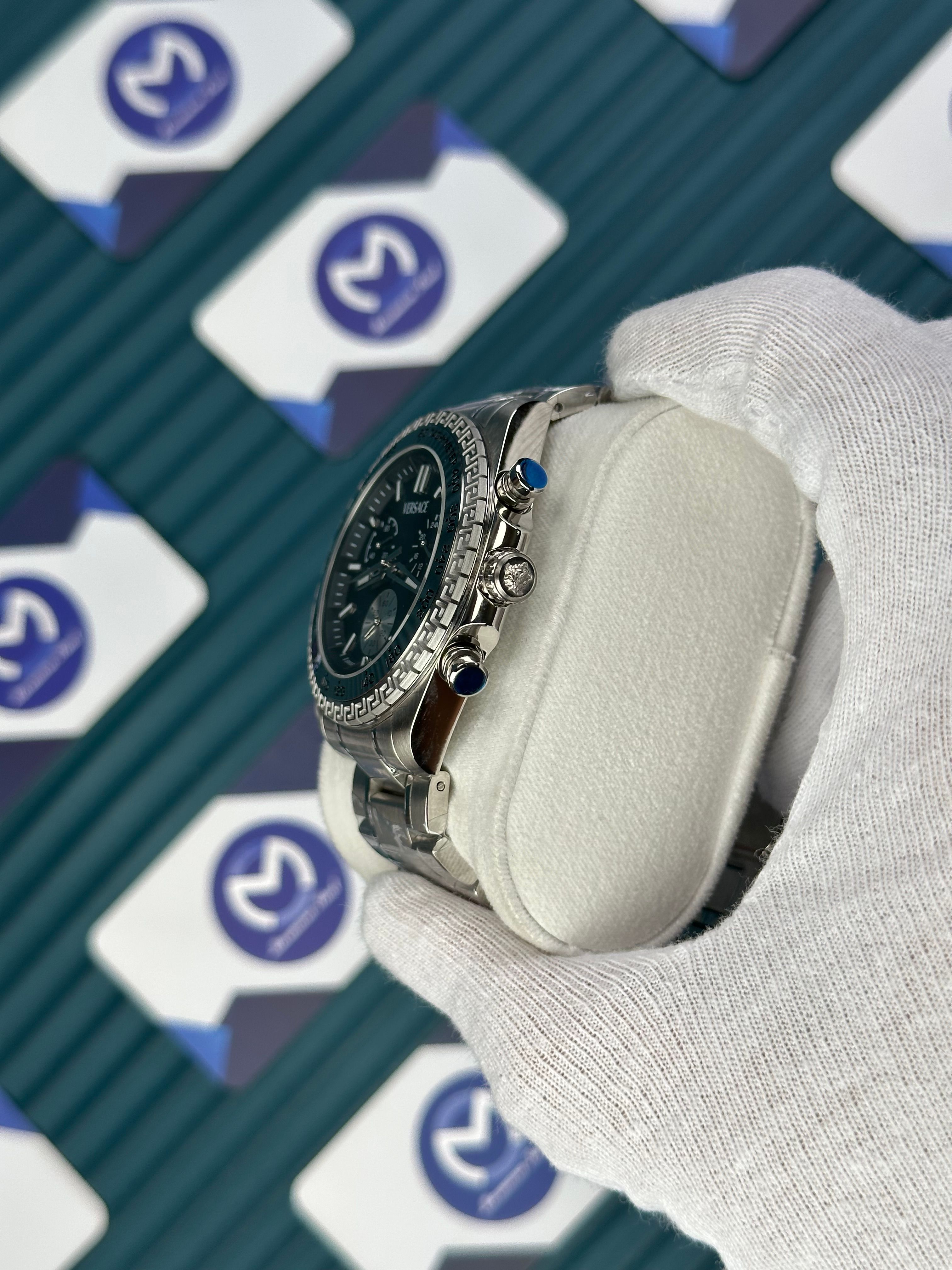 VERSACE BLACK DIAL CHRONOMOMETER SILVER BEZEL AND CORD NEW SEASON