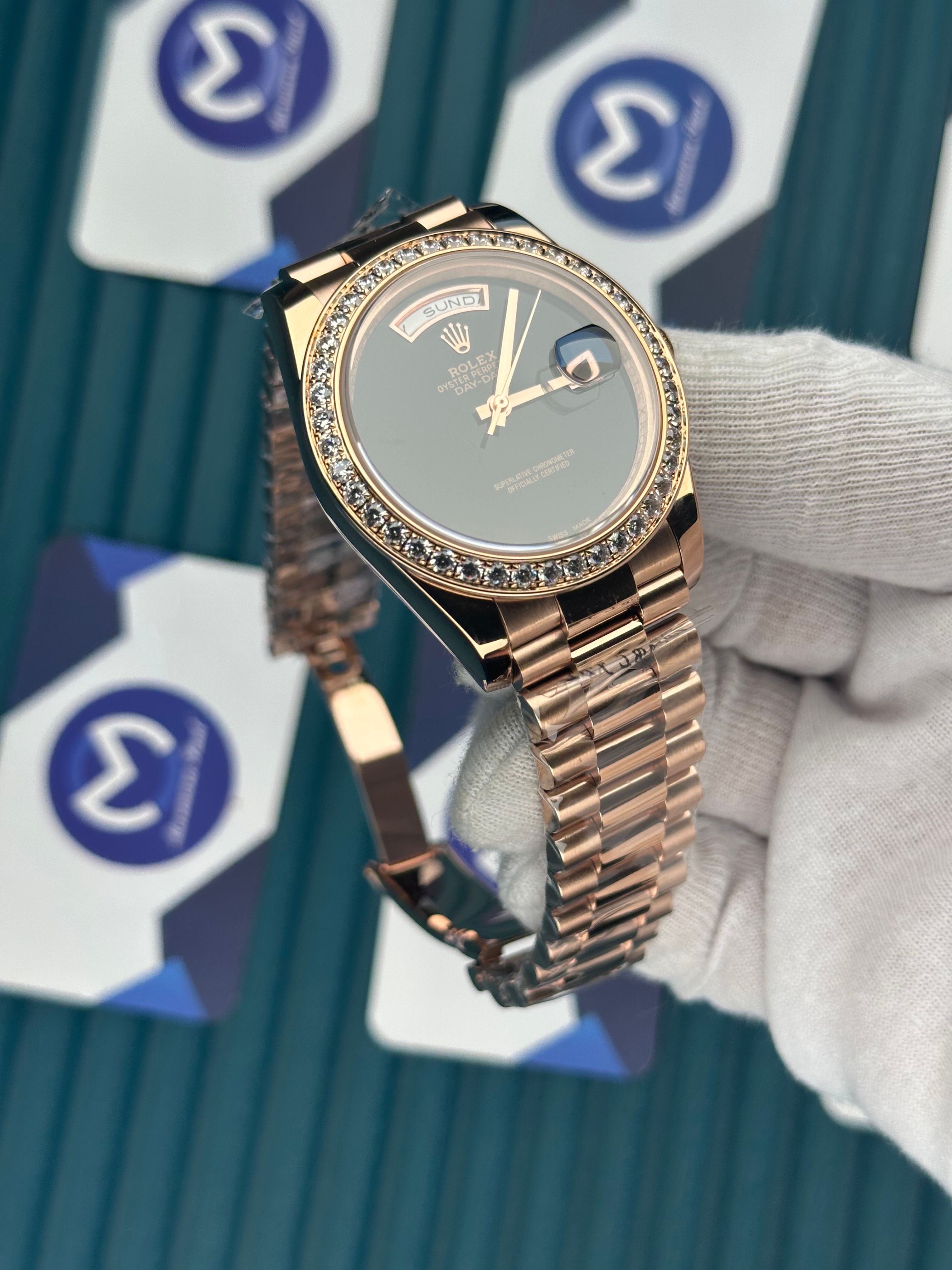 ROLEX DAY-DATE BLACK DIAL DIAMOND BEZEL ROSE PRESIDENT