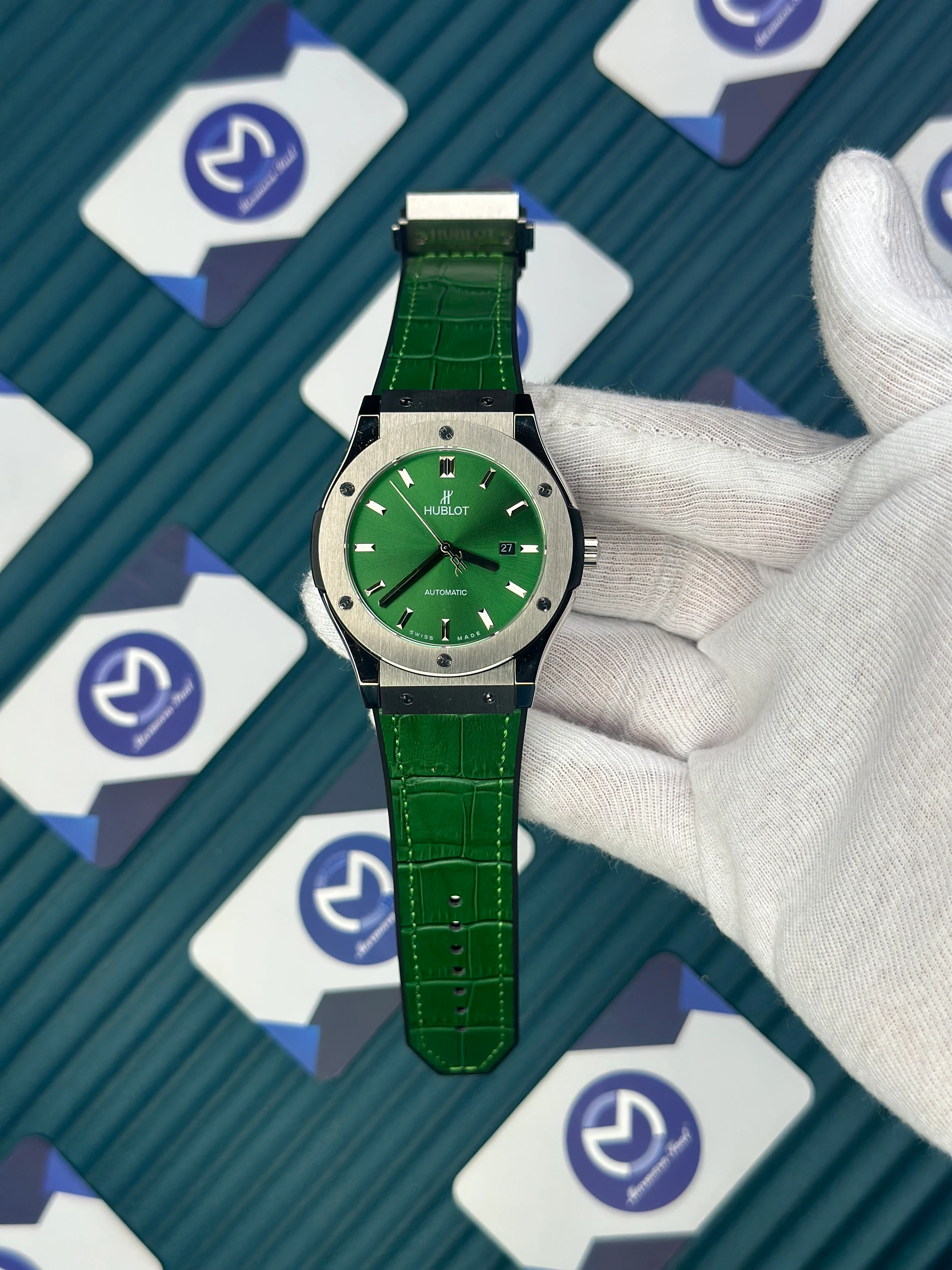 HUBLOT GENEVE AUTOMATIC GREEN DIAL GREY CASE GREEN LEATHER CORD 