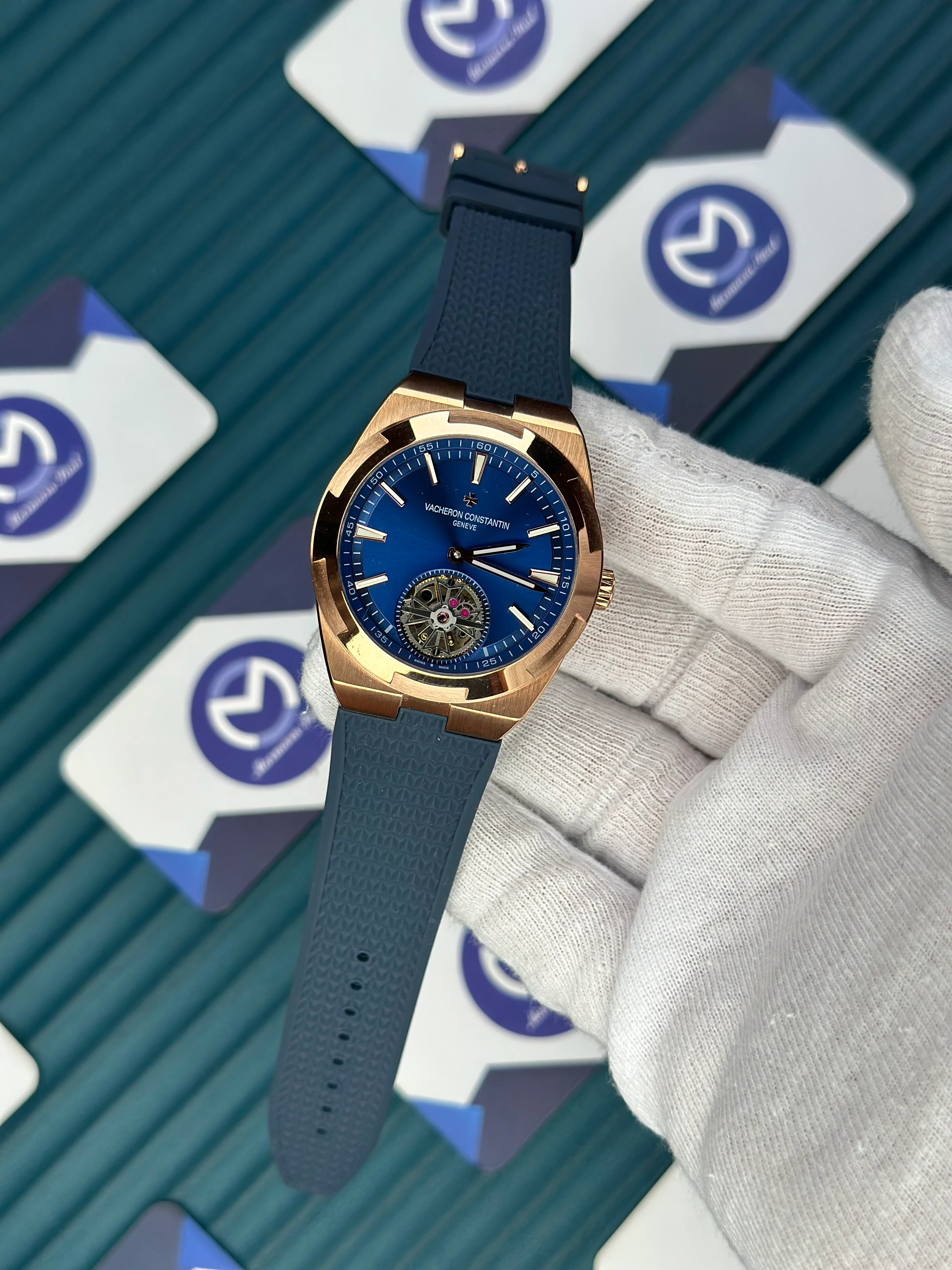 VACHERON CONSTANTIN BLUE DIAL ROSE CASE TOURBILLON OVERSEAS NAVY BLUE RUBBER