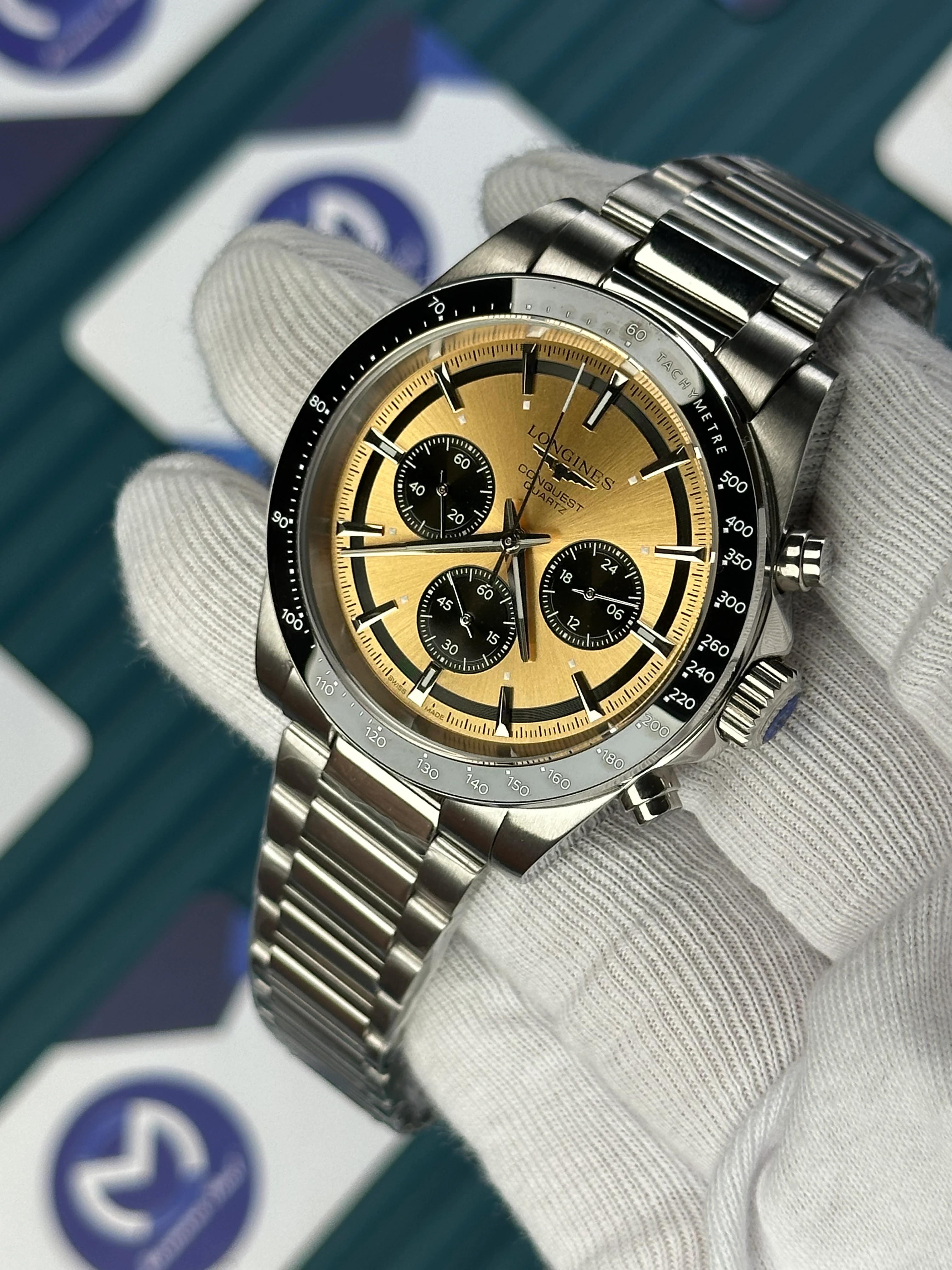 LONGINES CONQUEST CHRONOGRAPH AUTOMATIC GOLDEN REFLECTED SUNLIGHT DIAL SILVER 