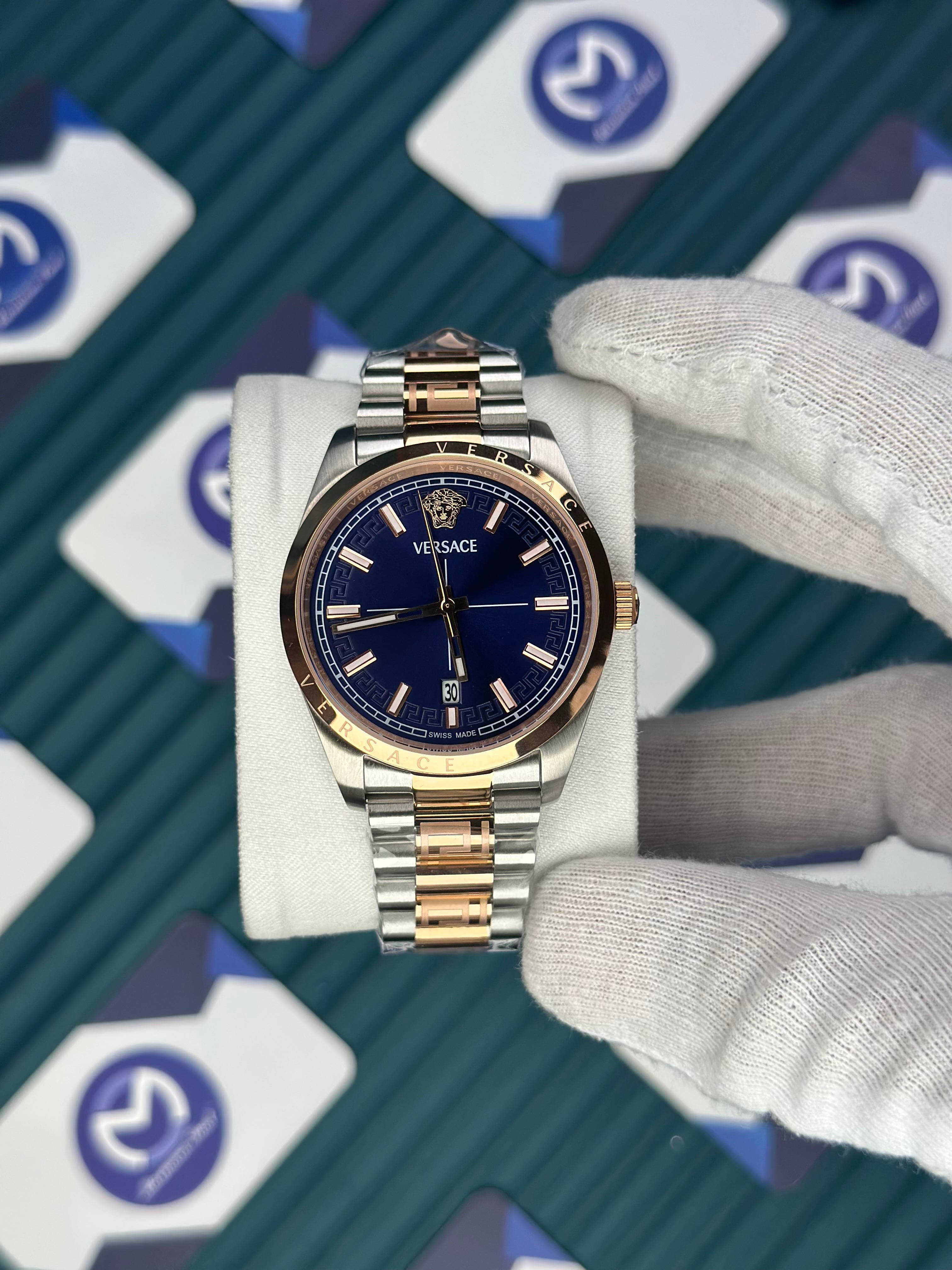 VERSACE NEW NAVY BLUE DIAL ROSE-SILVER PRESIDENT