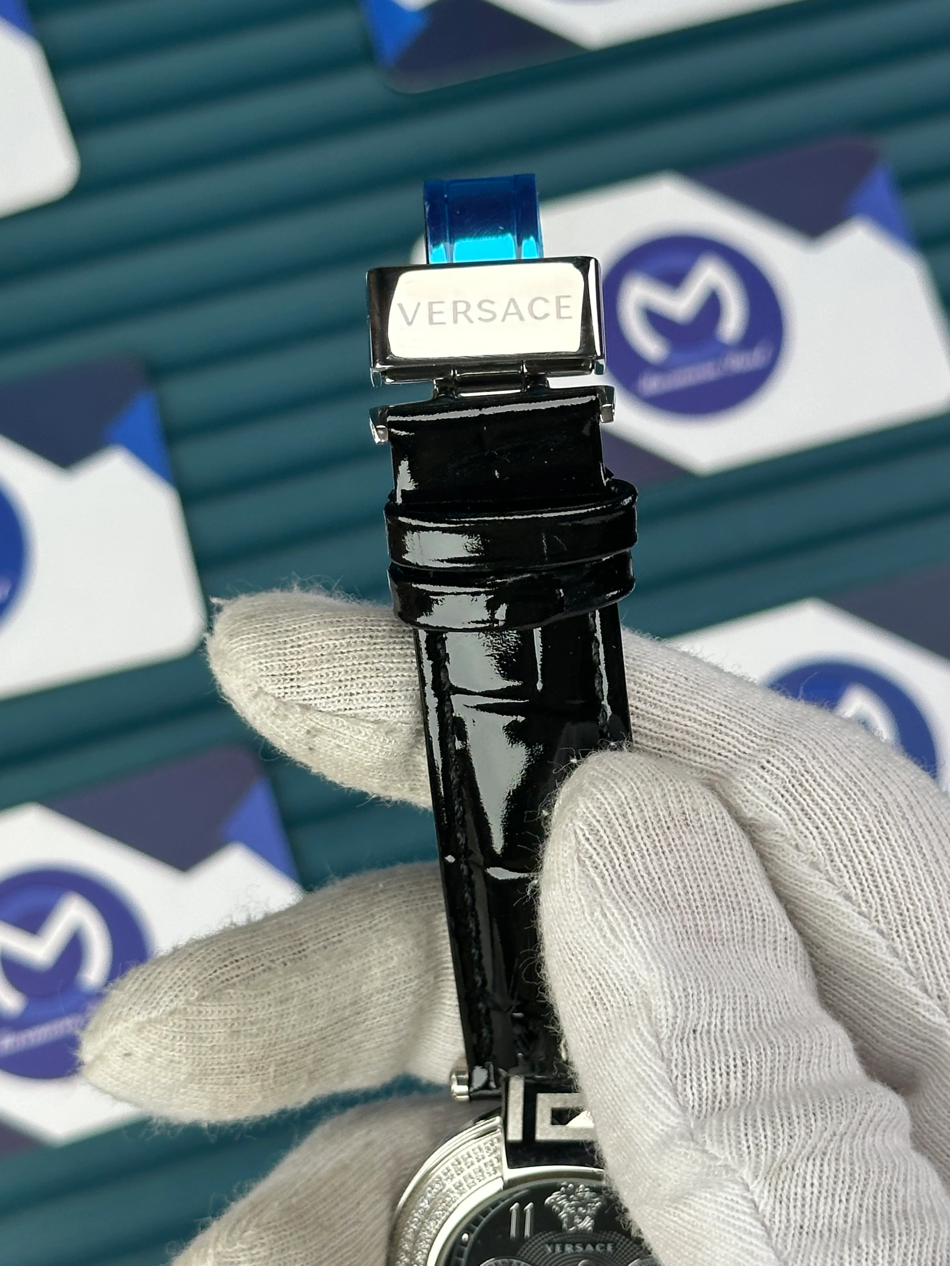 VERSACE 38 BLACK DIAL SILVER CASE DIAMOND BEZEL CHRONOGRAPH BLACK LEATHER CORD